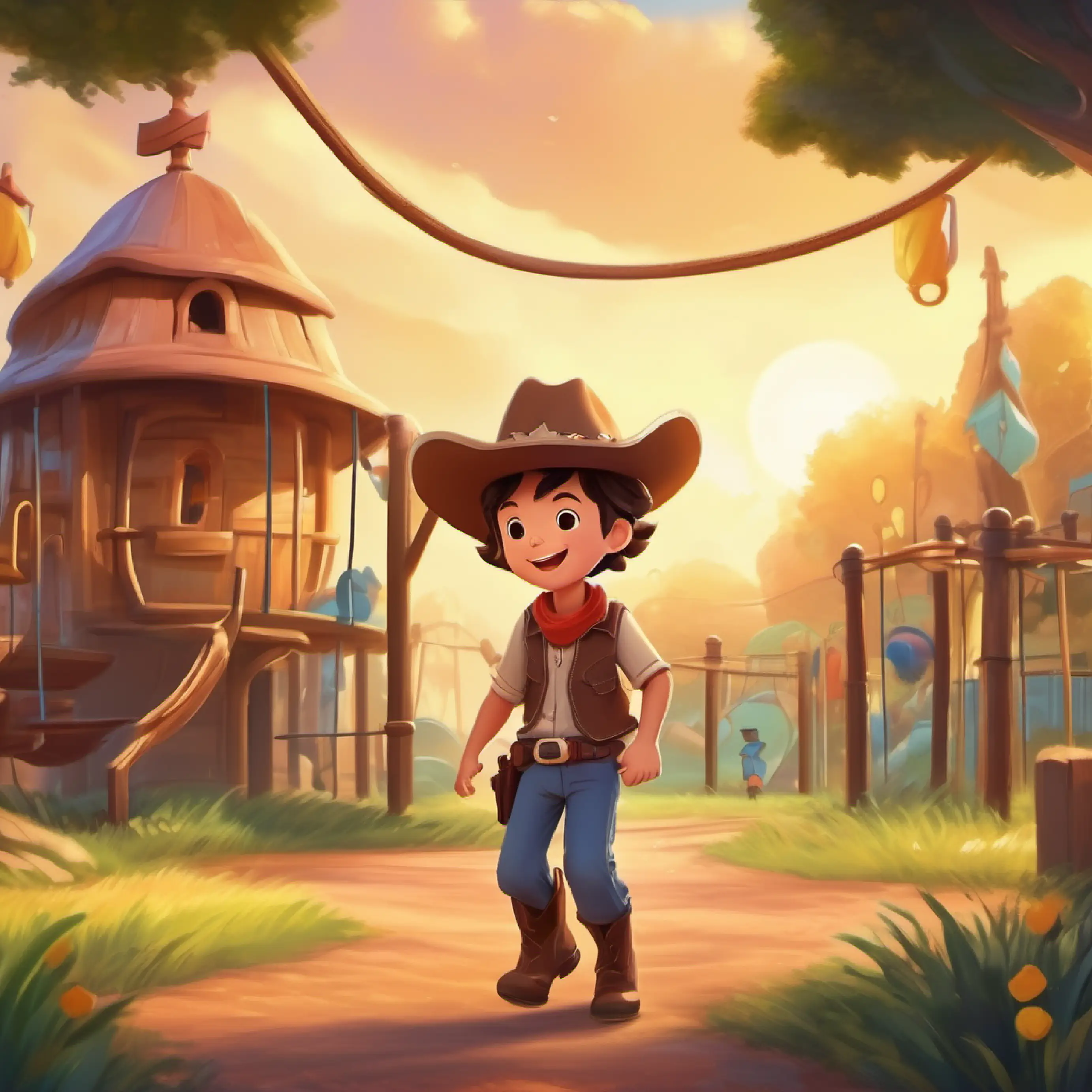 Children enjoying the playground, Young boy, eager face, wears a cowboy hat and a big smile's departure, end of the adventure.