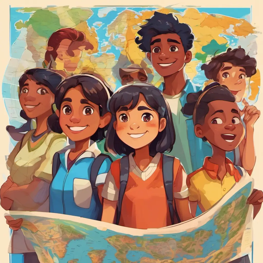 A colorful illustration of a group of A group of friends with different skin tones and eye colors They have expressive faces that can convey various emotions with different facial expressions, including smiles, frowns, and raised eyebrows. They are standing in front of a map, pointing to different destinations.