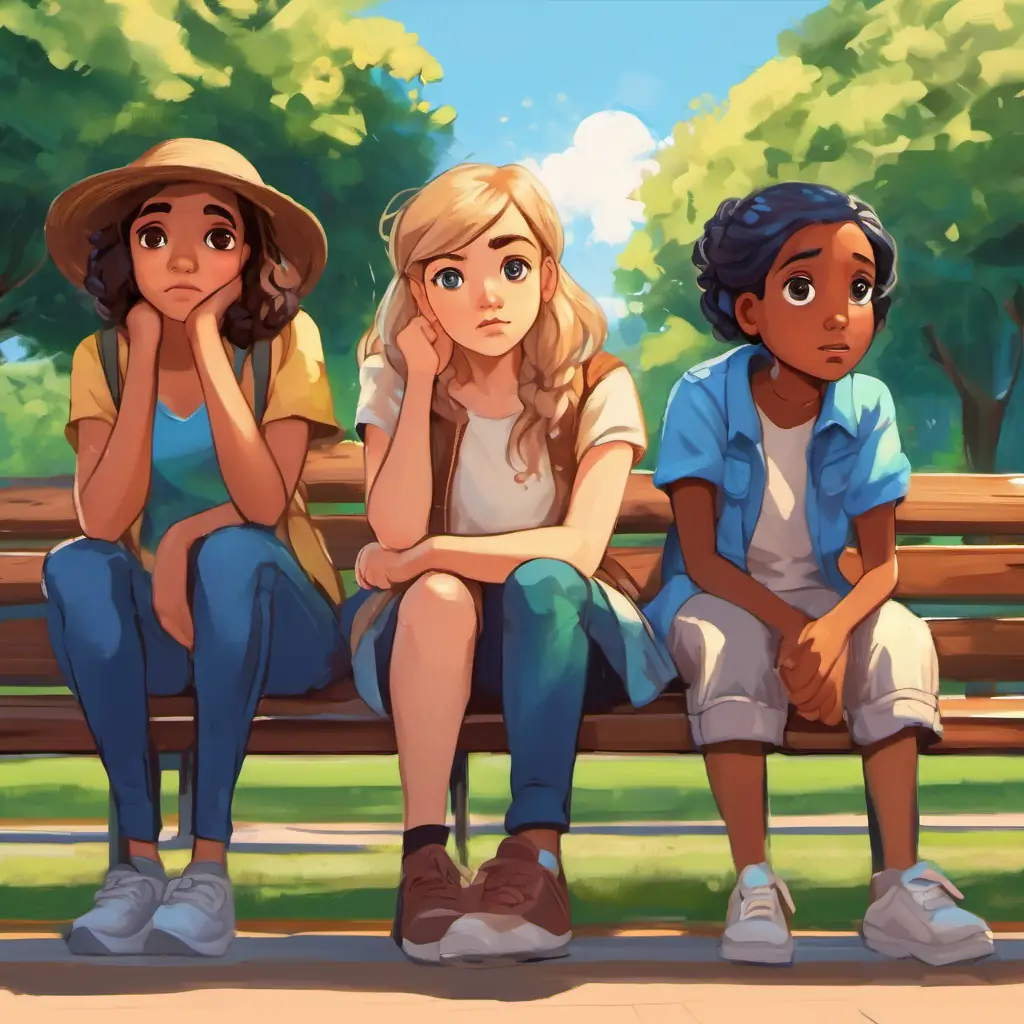 An illustration of the A group of friends with different skin tones and eye colors They have expressive faces that can convey various emotions surrounding A young girl with fair skin and blue eyes She looks sad and troubled, who has tears in her eyes. They are sitting on a park bench, engaging in a heartfelt conversation.