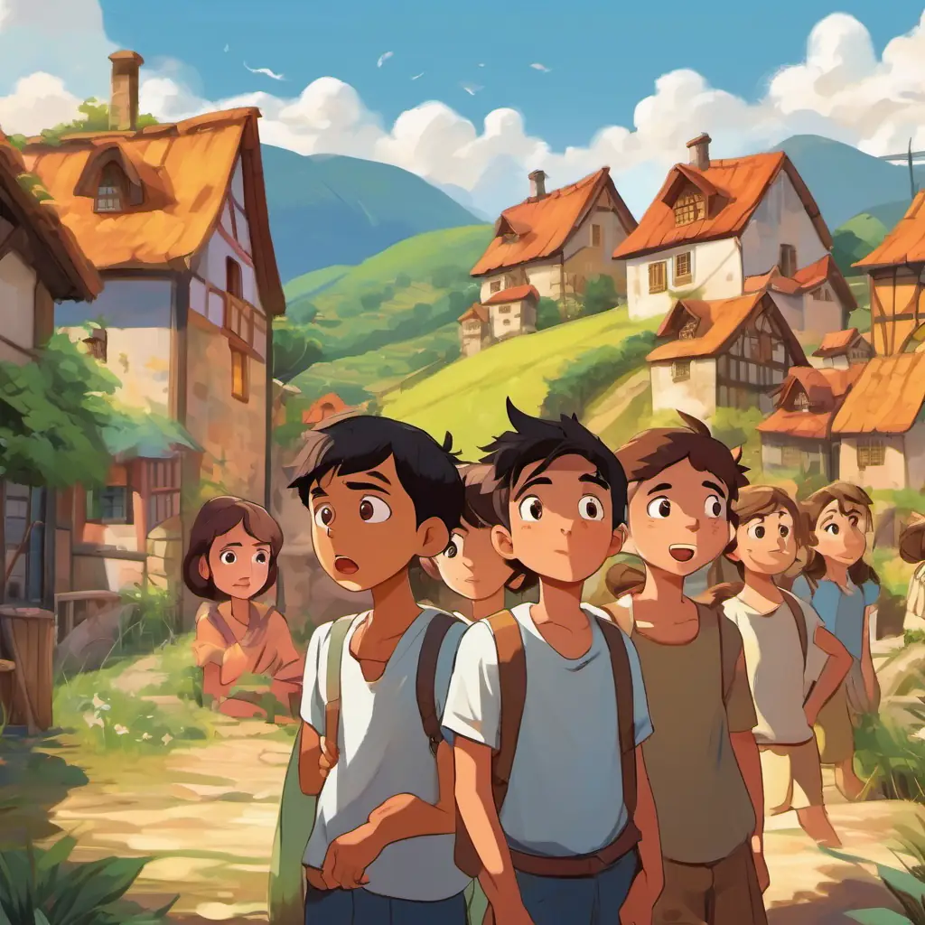 An illustration of the A group of friends with different skin tones and eye colors They have expressive faces that can convey various emotions encircling A boy with tan skin and brown eyes He appears confused and unsure, who is scratching his head in confusion. They are standing in a picturesque village, surrounded by colorful houses and a scenic landscape.