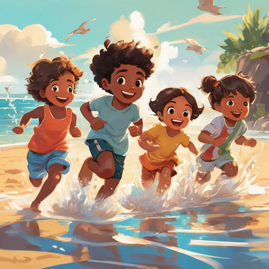 An illustration of the A group of friends with different skin tones and eye colors They have expressive faces that can convey various emotions and A group of diverse children with different skin tones and eye colors They are full of joy and playfulness playing on the beach. They are building sandcastles, splashing in the water, and running after seagulls. The sun is shining brightly in the sky.