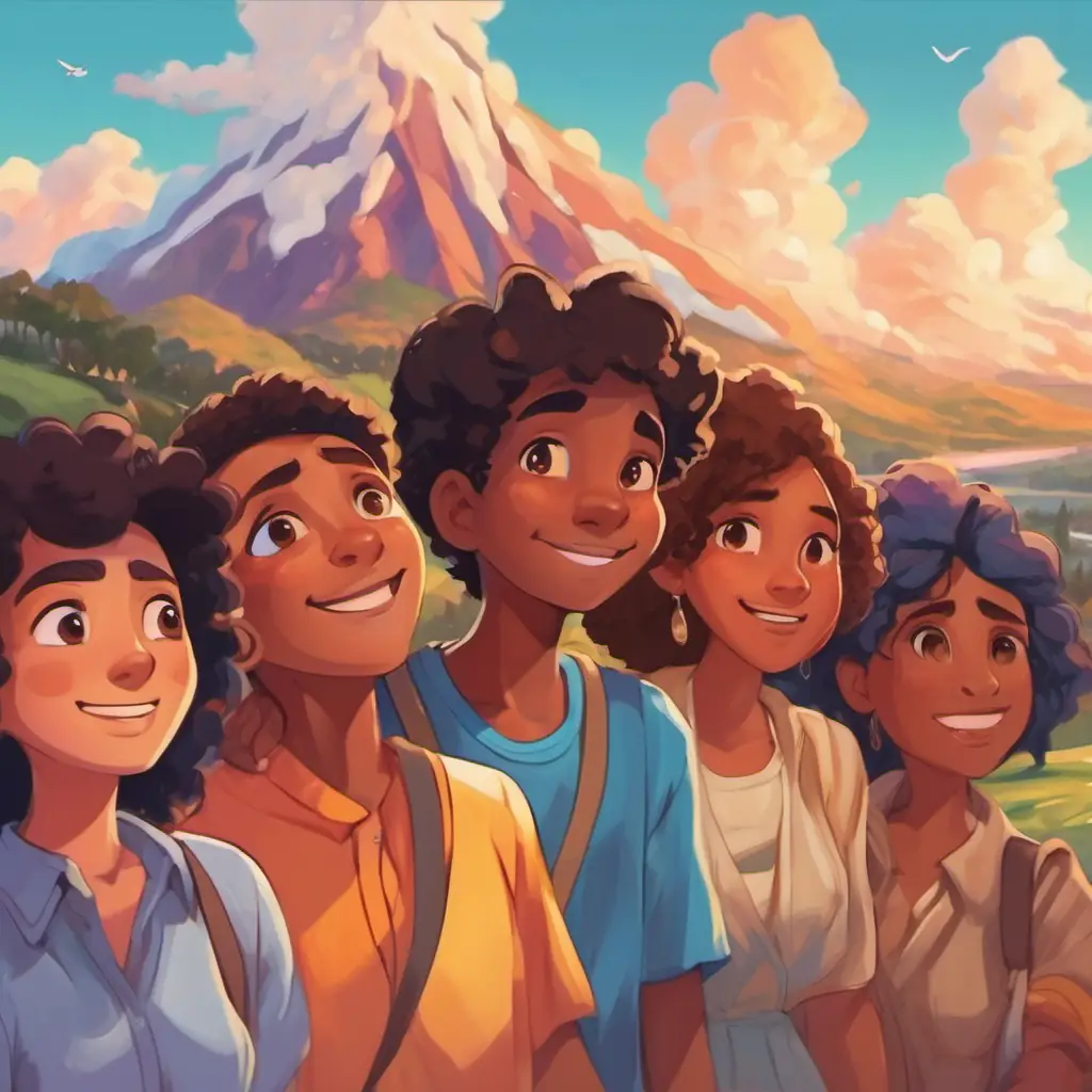 A final illustration of the A group of friends with different skin tones and eye colors They have expressive faces that can convey various emotions standing together, their faces displaying different emotions. They are surrounded by a vibrant landscape, symbolizing the diverse emotions they can convey.