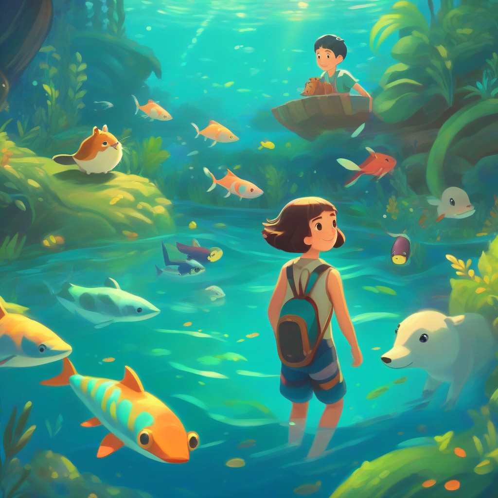 Swimming with animal friends and finding hidden treasures.