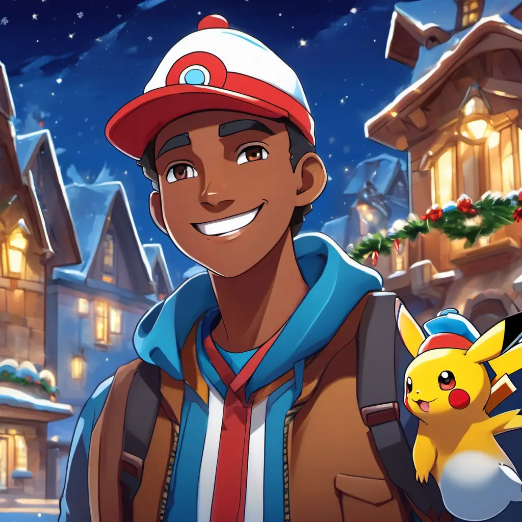 Introduction to the Pokemon-Meister Ajay ( ligh brown skin) Determined Pokemon-Meister with a cap and a kind smile in Azurblau, setting the stage for his special bond with Pokemon.