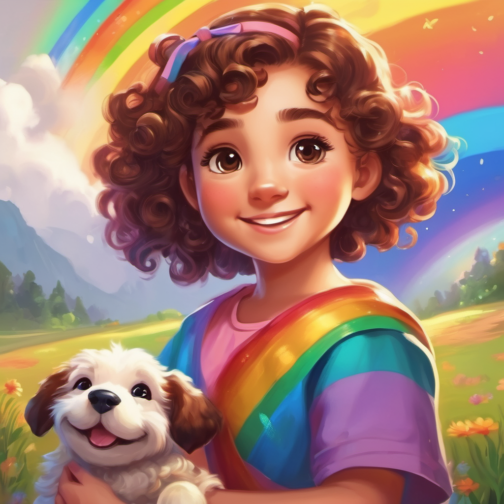 A girl with curly brown hair and a friendly smile meeting a rainbow puppy named A rainbow puppy with sparkly eyes and a playful tail
