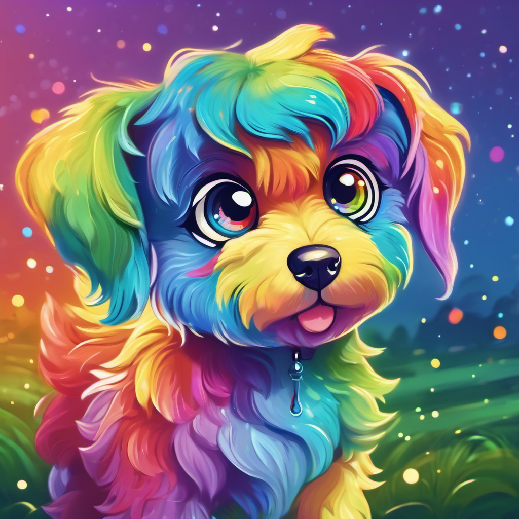 A rainbow puppy with sparkly eyes and a playful tail looking lost and sad