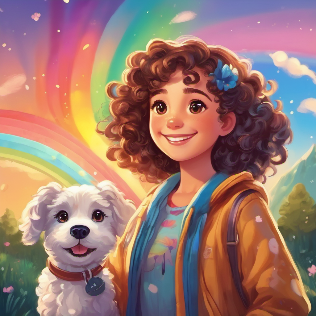 A girl with curly brown hair and a friendly smile confidently showing A rainbow puppy with sparkly eyes and a playful tail the way home