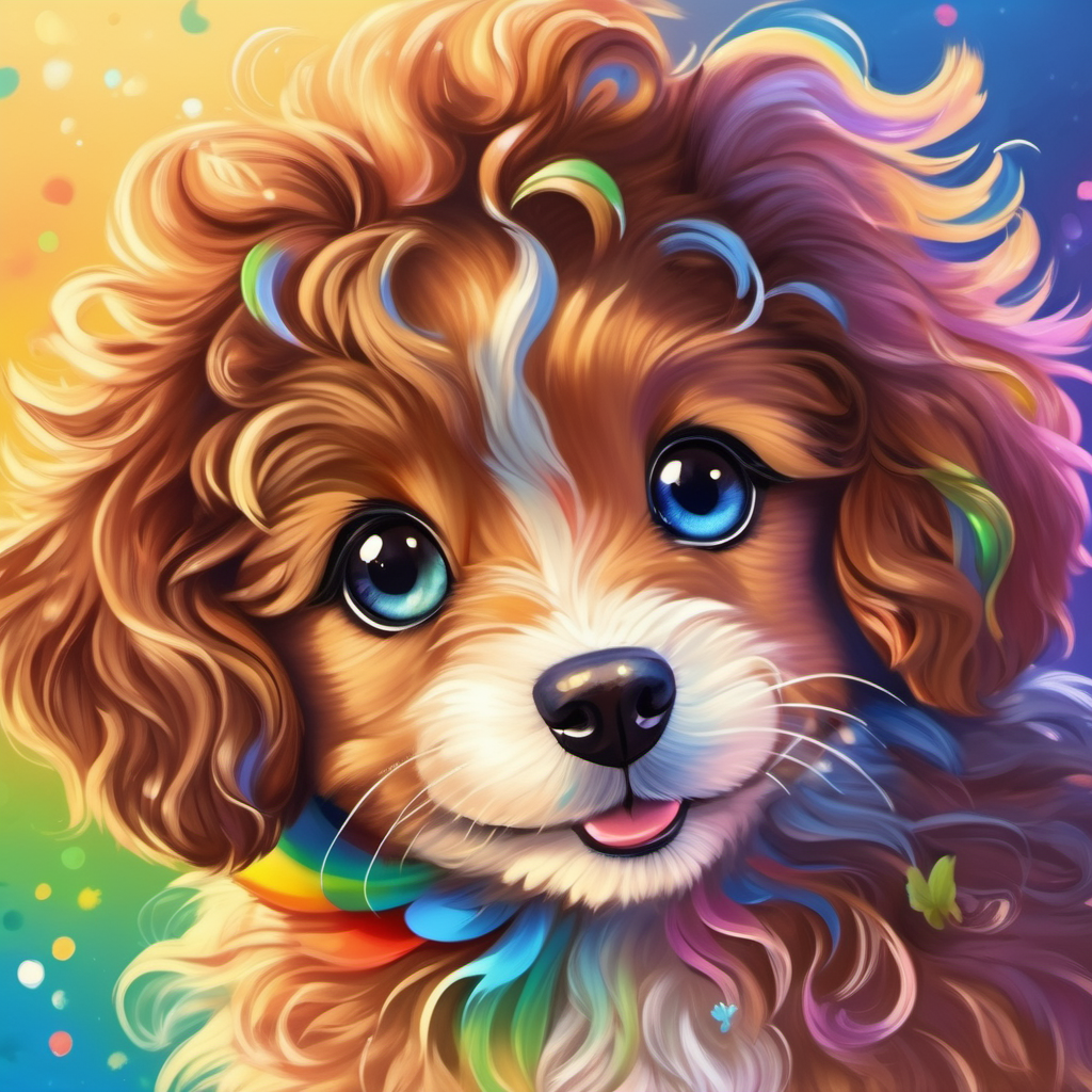 A rainbow puppy with sparkly eyes and a playful tail feeling happy and safe with A girl with curly brown hair and a friendly smile