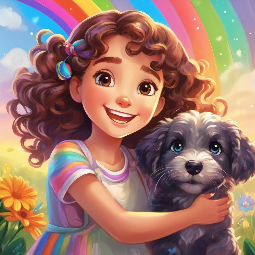 A girl with curly brown hair and a friendly smile and A rainbow puppy with sparkly eyes and a playful tail happily playing together