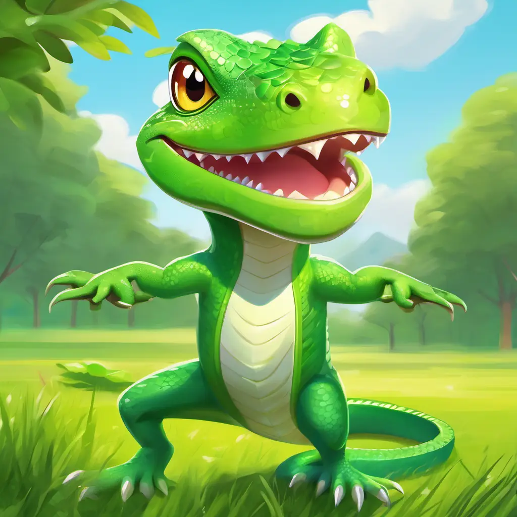 Fitness coach Green Lizard, fitness coach, always smiling, very energetic Lizard, green, on a grassy field, encouraging exercise.