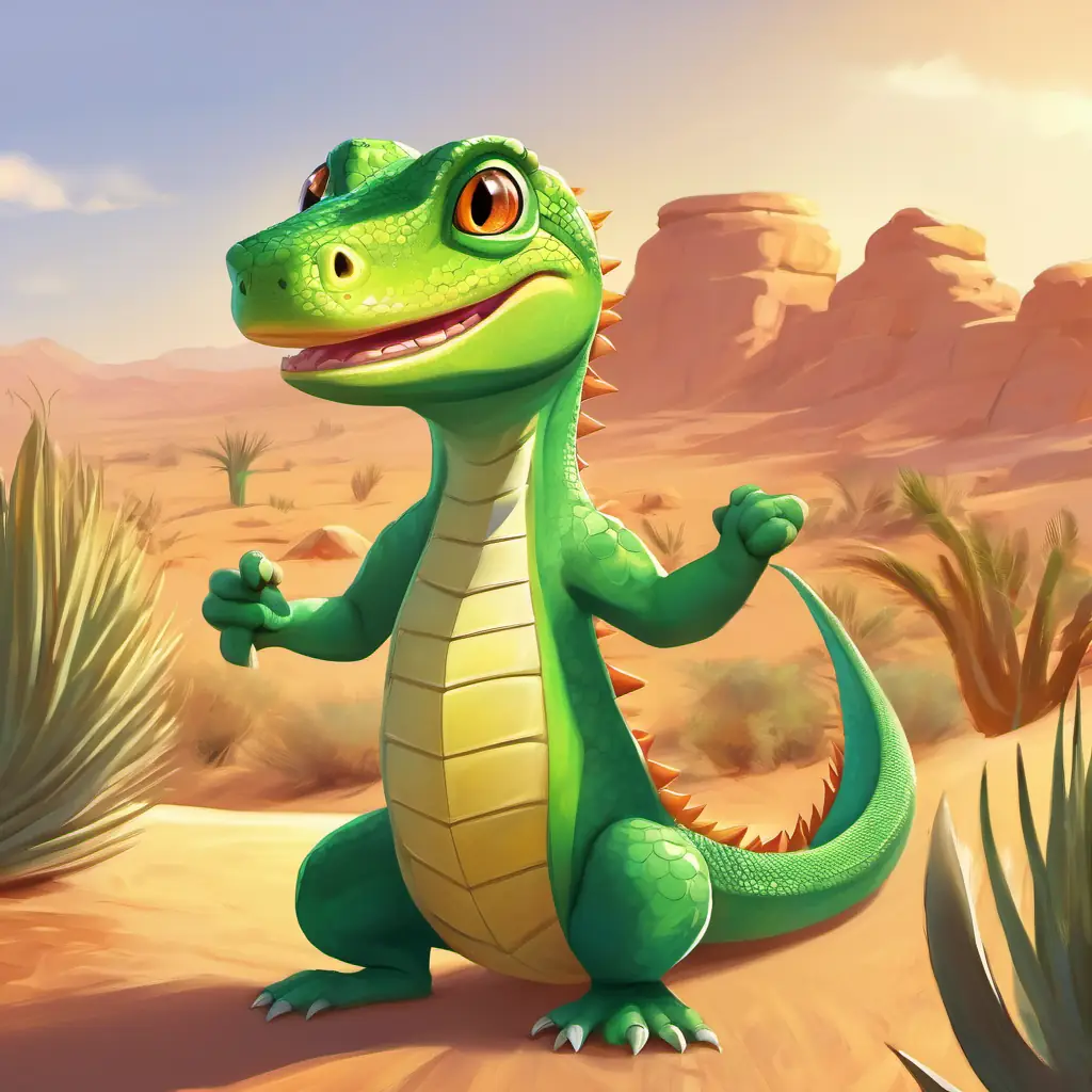 Green Lizard, fitness coach, always smiling, very energetic with animal friends working out in the desert, beaming sun above.