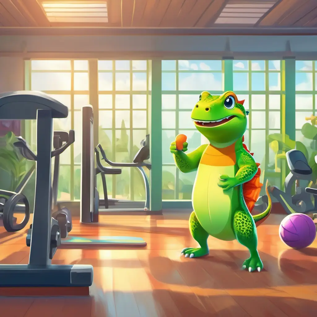 Diverse animals visiting the gym, eager to exercise and meet Green Lizard, fitness coach, always smiling, very energetic.