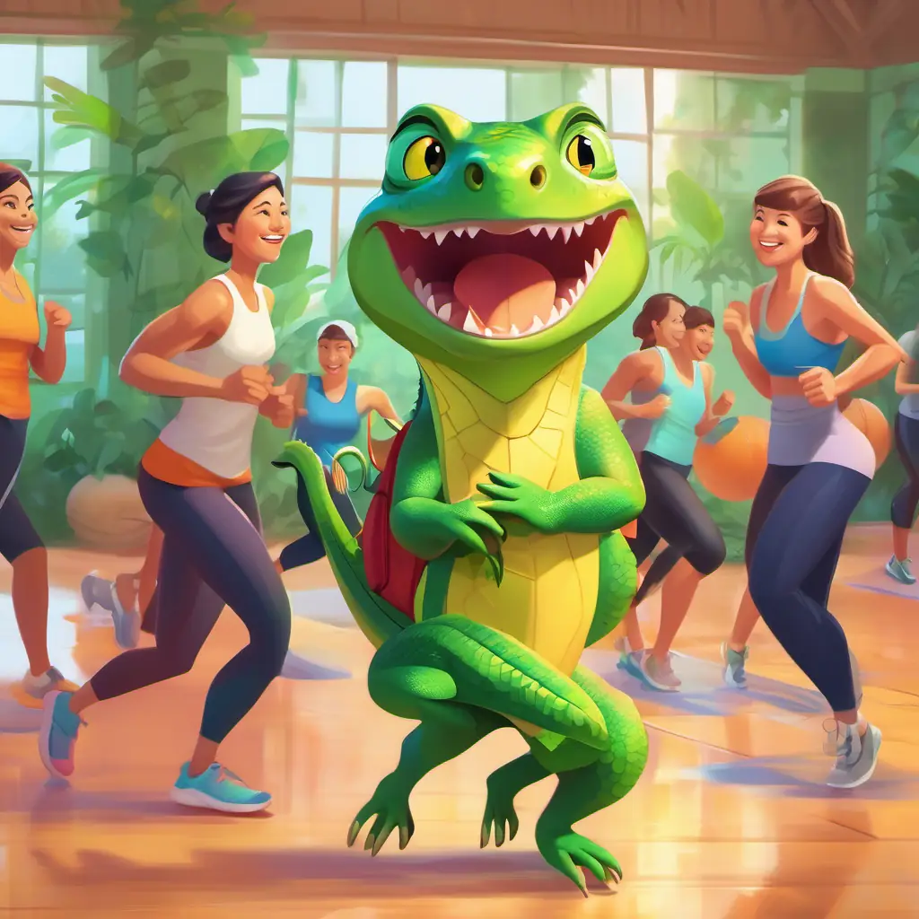 Green Lizard, fitness coach, always smiling, very energetic leading a group workout, contentment in her heart, surrounded by friends.