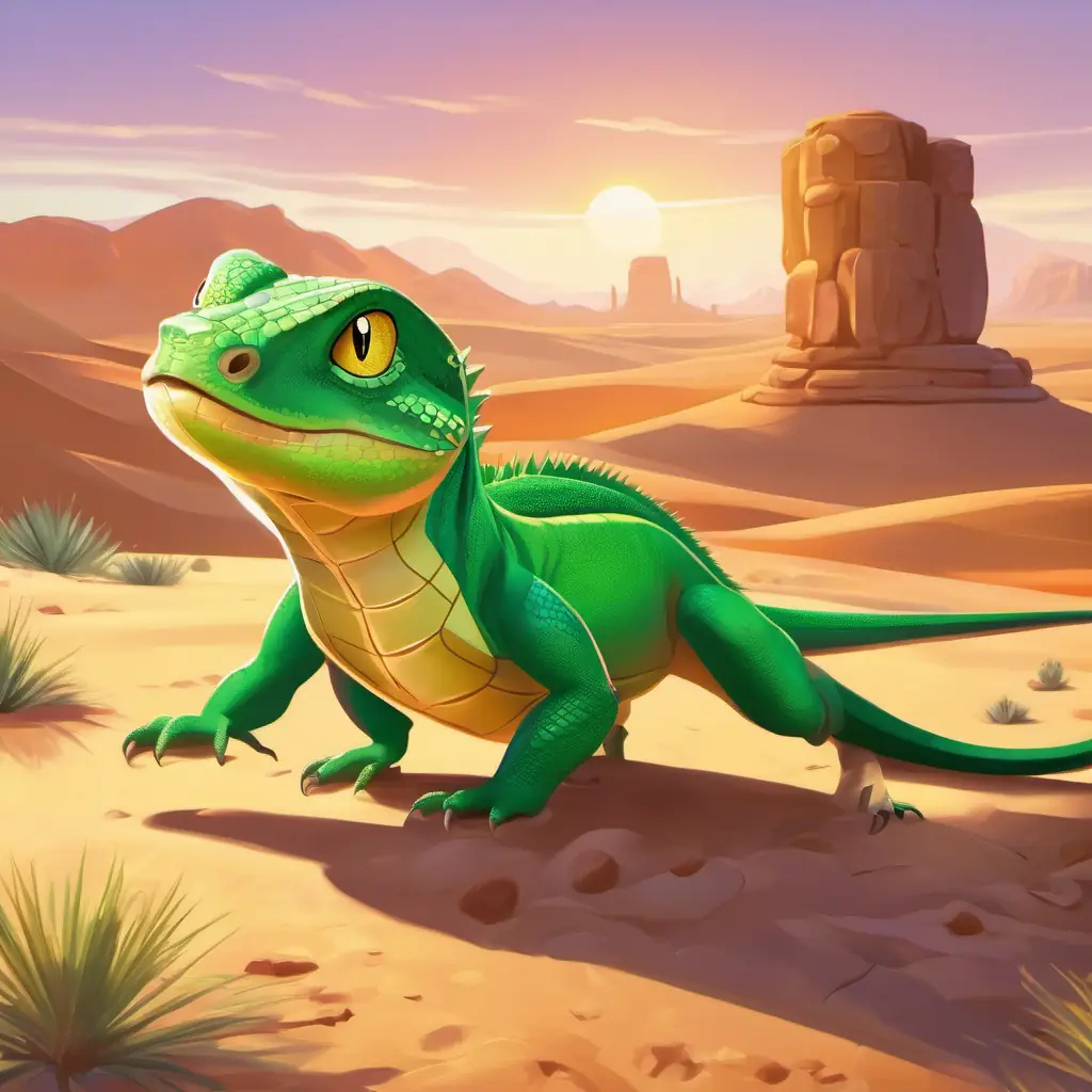 Green Lizard, fitness coach, always smiling, very energetic discovering a coin in the desert, excitement on her face.