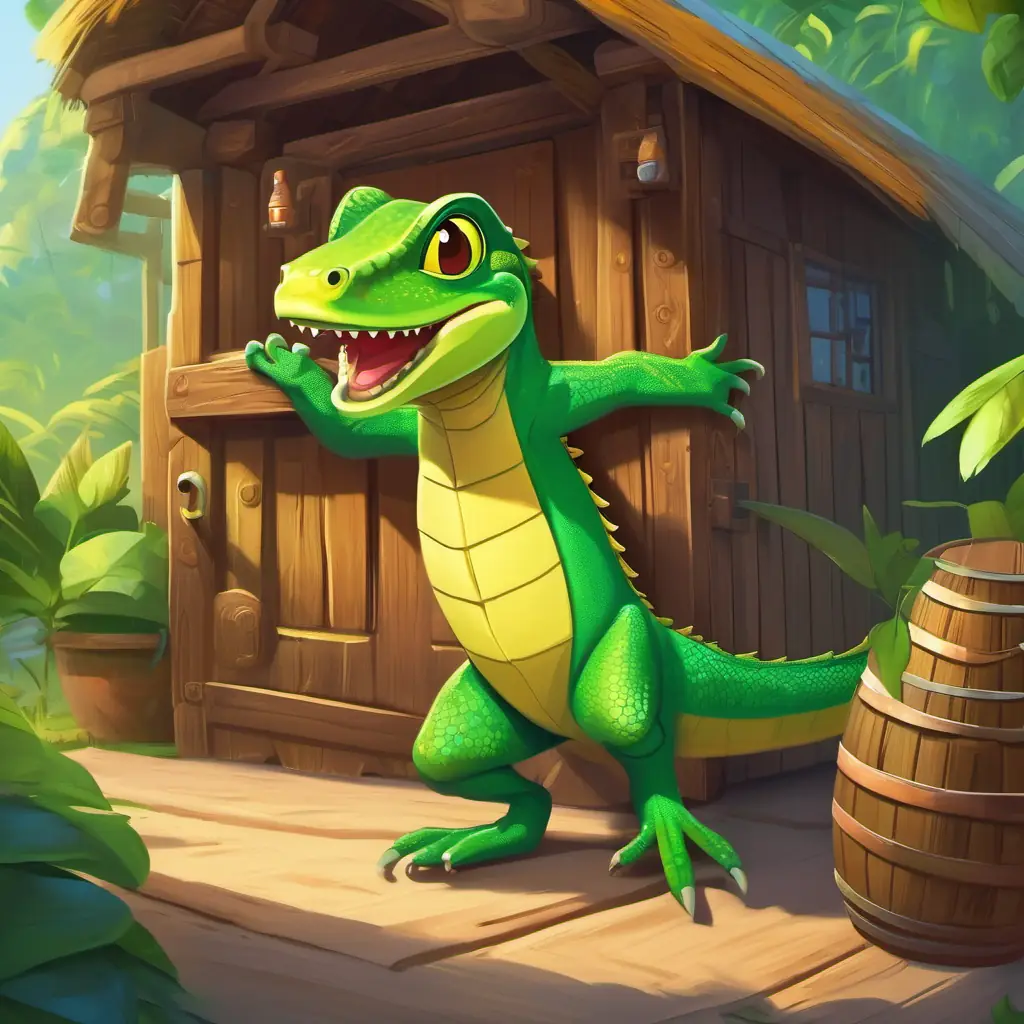 Green Lizard, fitness coach, always smiling, very energetic and friends heading to Tommy’s shop, a wooden hut with beverages.