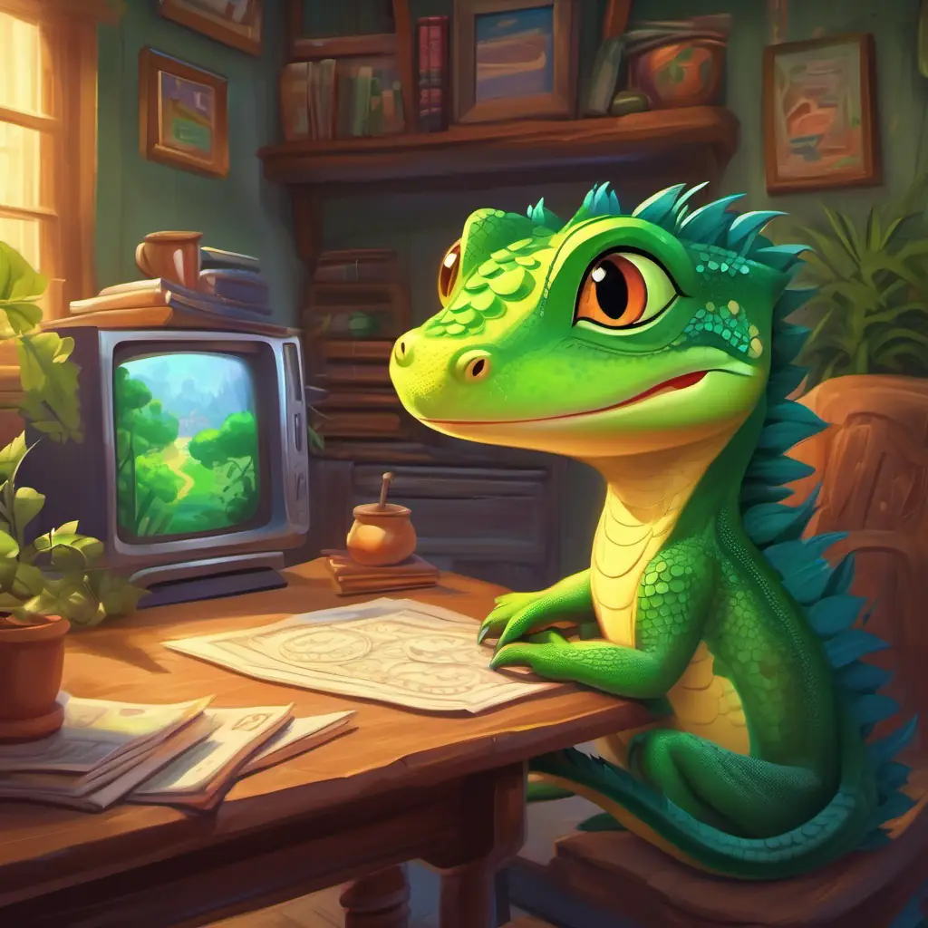 Green Lizard, fitness coach, always smiling, very energetic at her home, a cozy burrow, TV showing the winning lottery numbers.