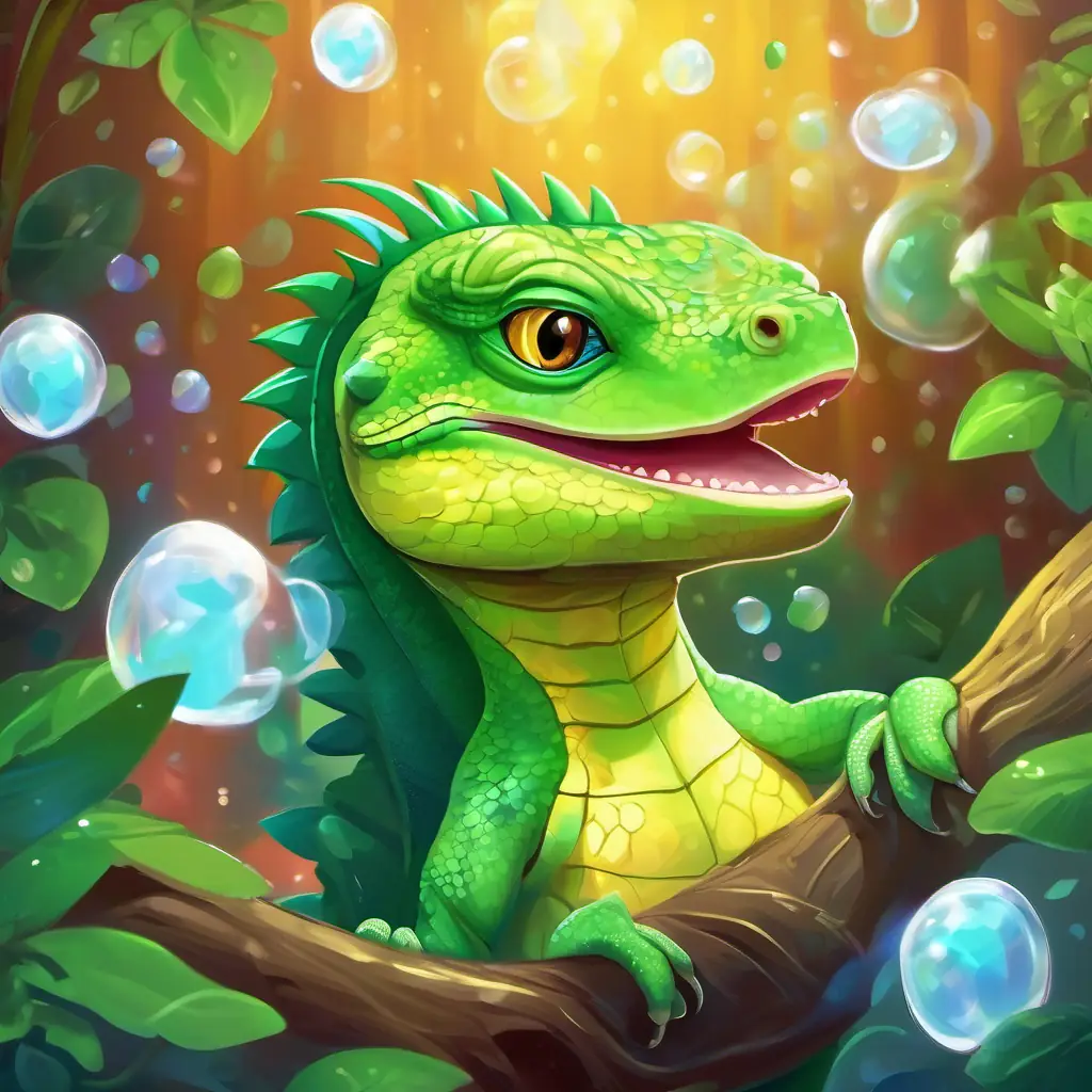 Green Lizard, fitness coach, always smiling, very energetic thinking, surrounded by thought bubbles of dreams, like a gym.