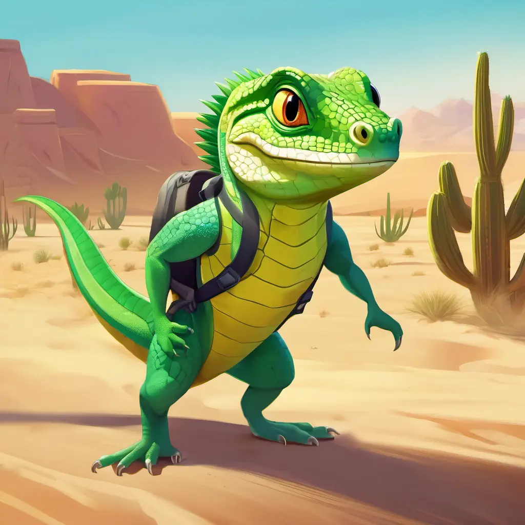 Green Lizard, fitness coach, always smiling, very energetic planning the gym’s location in the desert, a cleared sandy space.