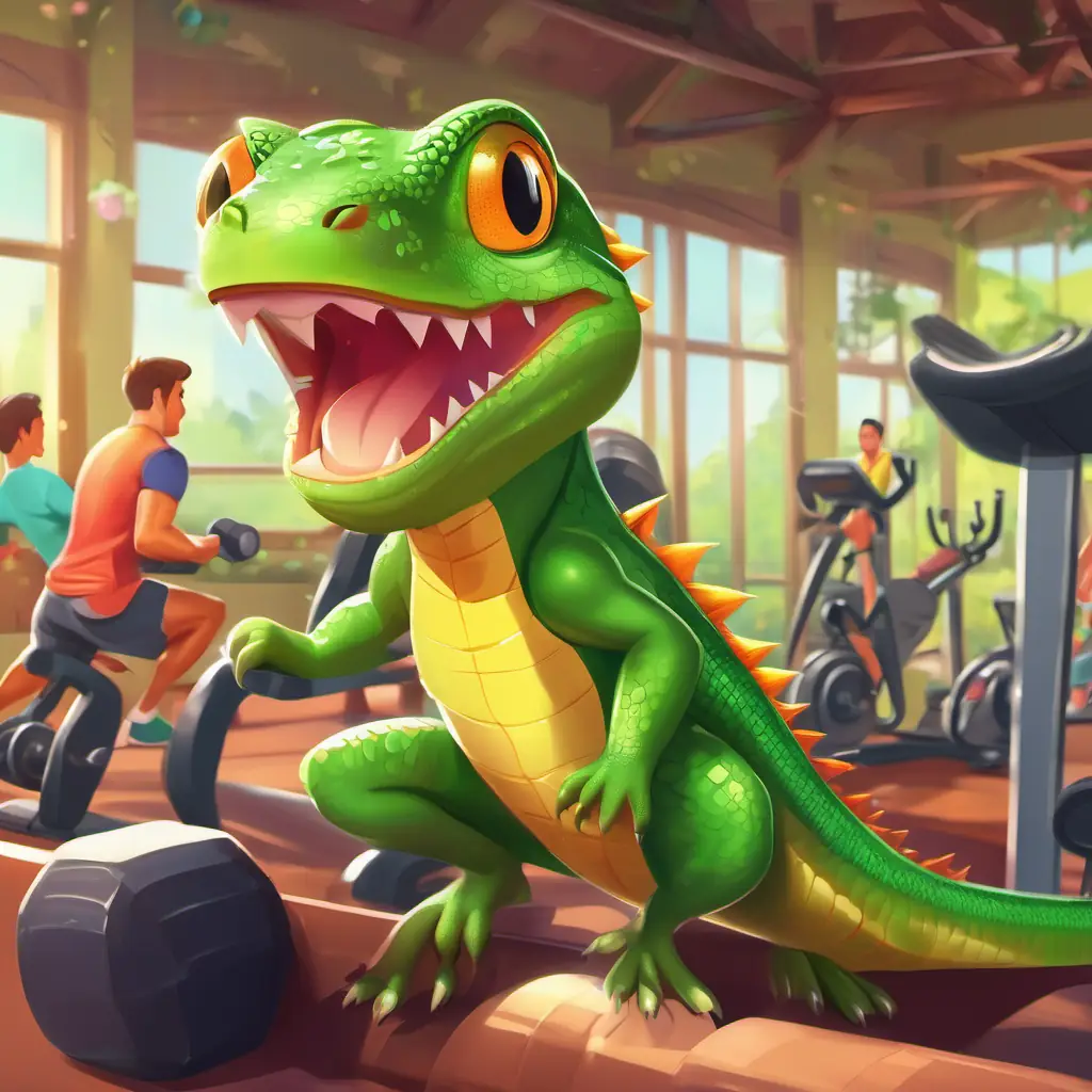 Green Lizard, fitness coach, always smiling, very energetic’s gym bustling with activities and happy animal friends exercising.