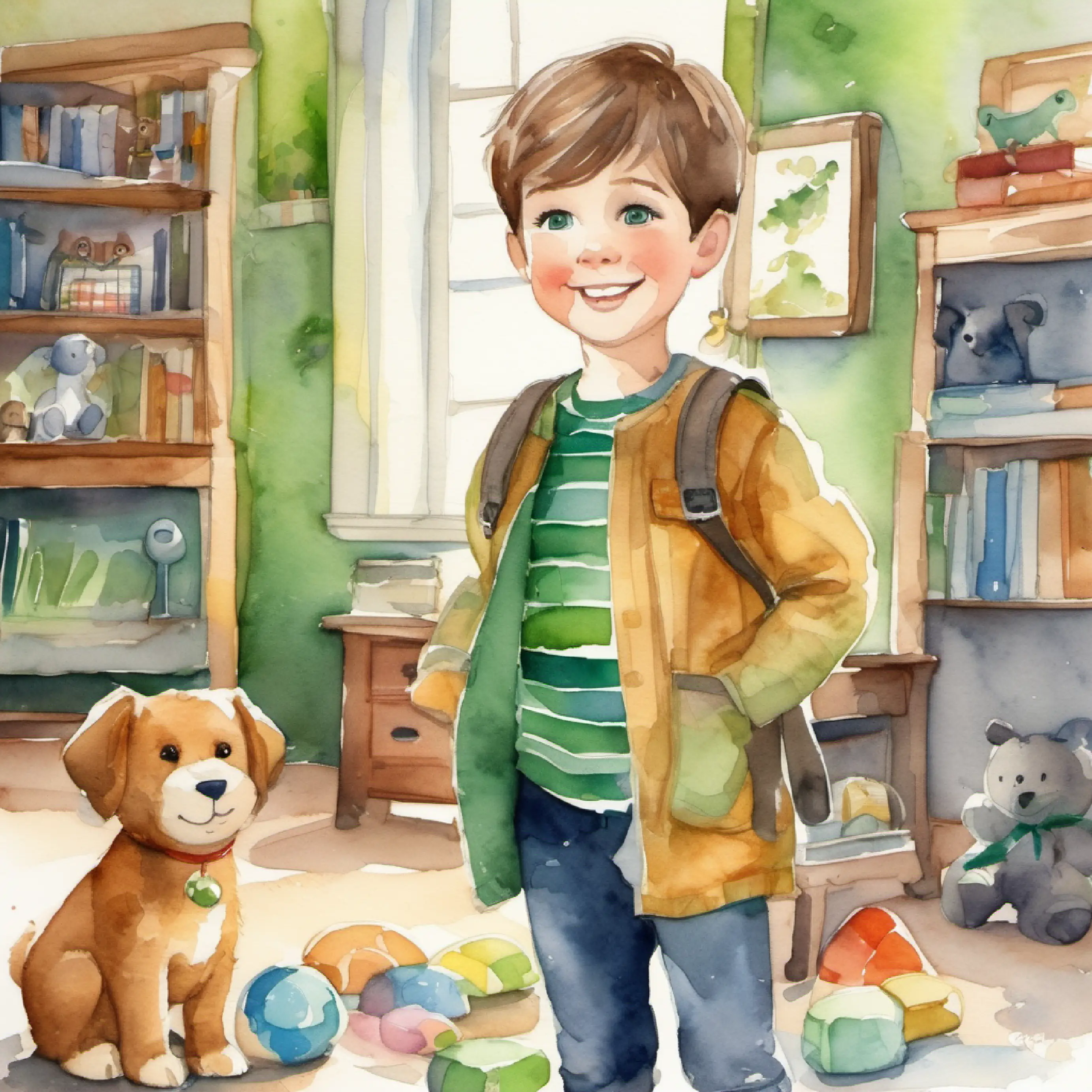 Cheerful boy, short brown hair, sparkling green eyes, always smiling introducing Small, smooth grey rock, always alongside Bradley in each adventure to his room and toys.