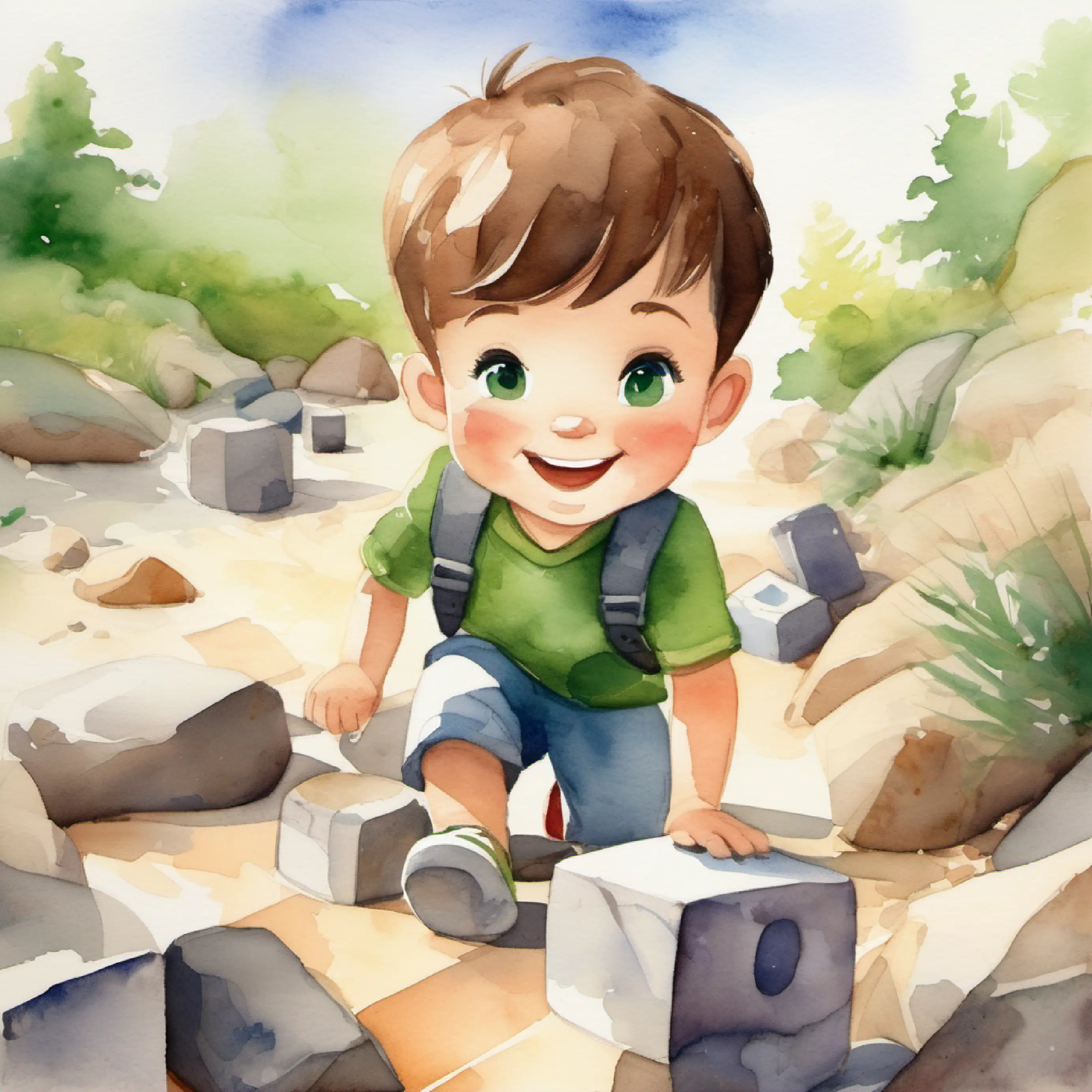 Cheerful boy, short brown hair, sparkling green eyes, always smiling and Small, smooth grey rock, always alongside Bradley in each adventure playing with blocks, enjoying time together.