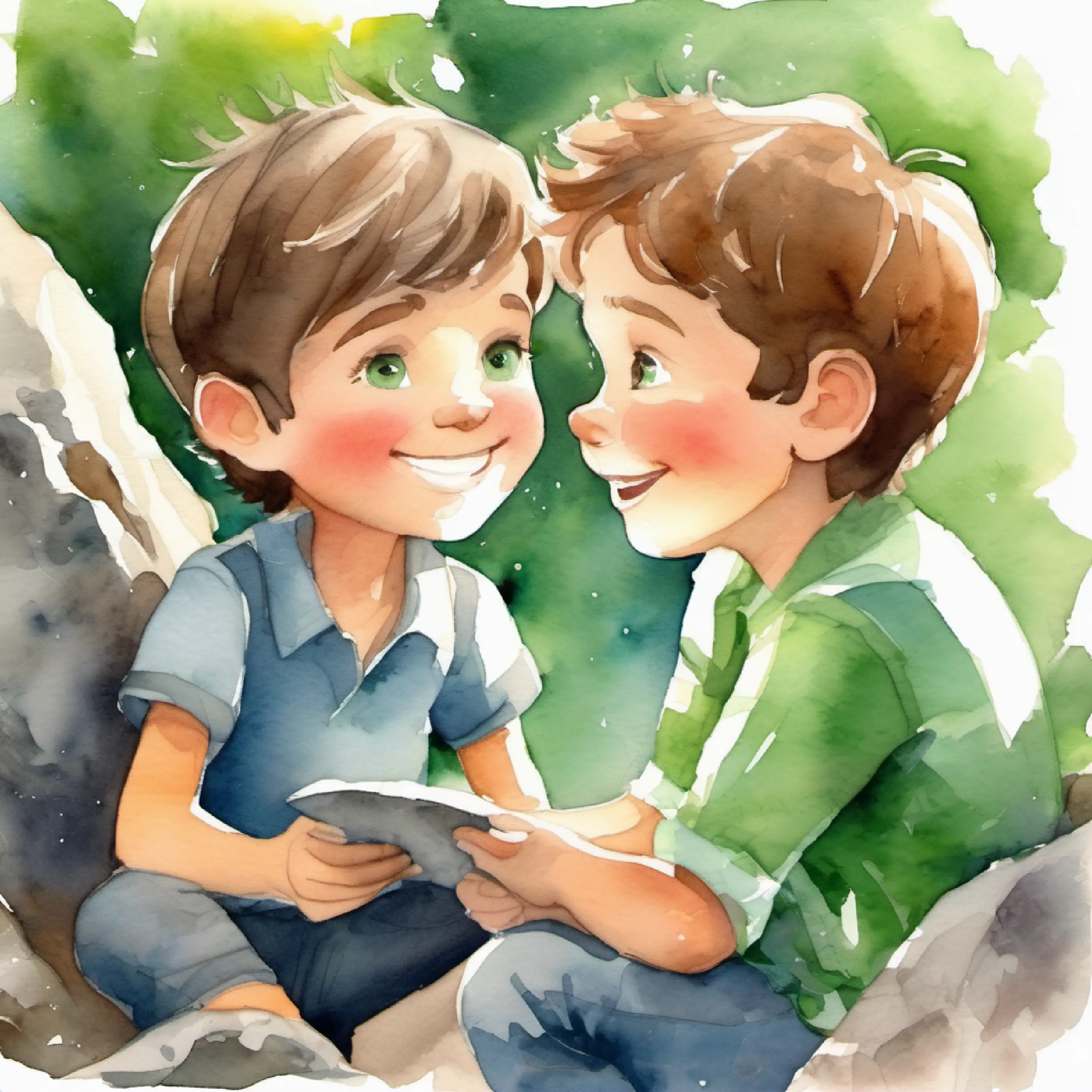 Sharing feelings, Cheerful boy, short brown hair, sparkling green eyes, always smiling confides in Small, smooth grey rock, always alongside Bradley in each adventure.