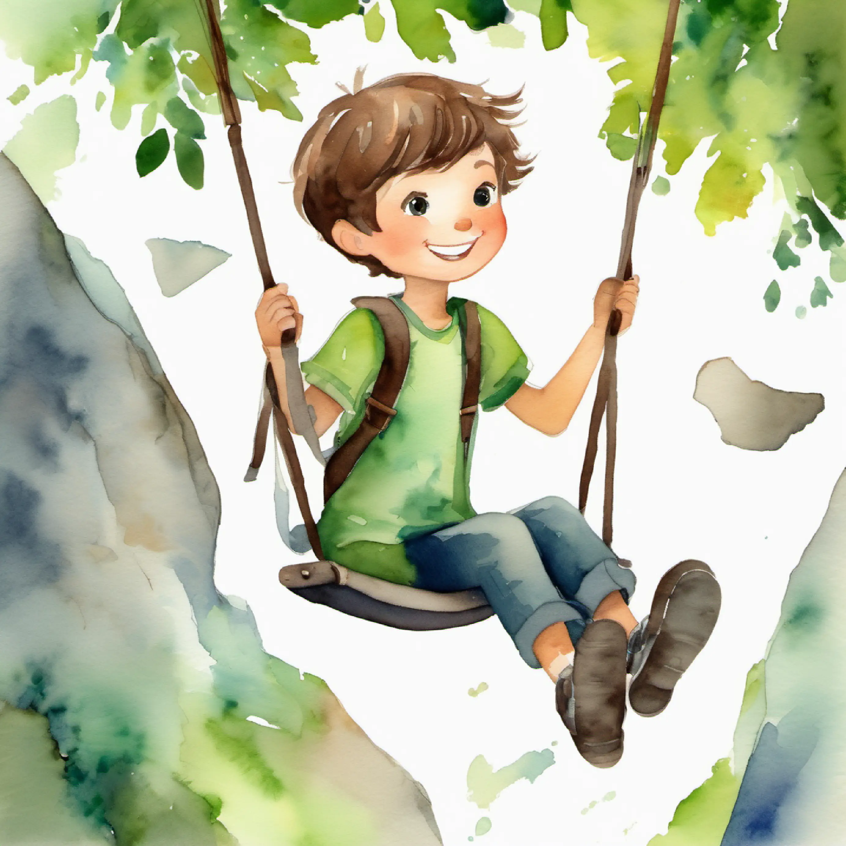 Playful moment with Cheerful boy, short brown hair, sparkling green eyes, always smiling imagining Small, smooth grey rock, always alongside Bradley in each adventure swinging.