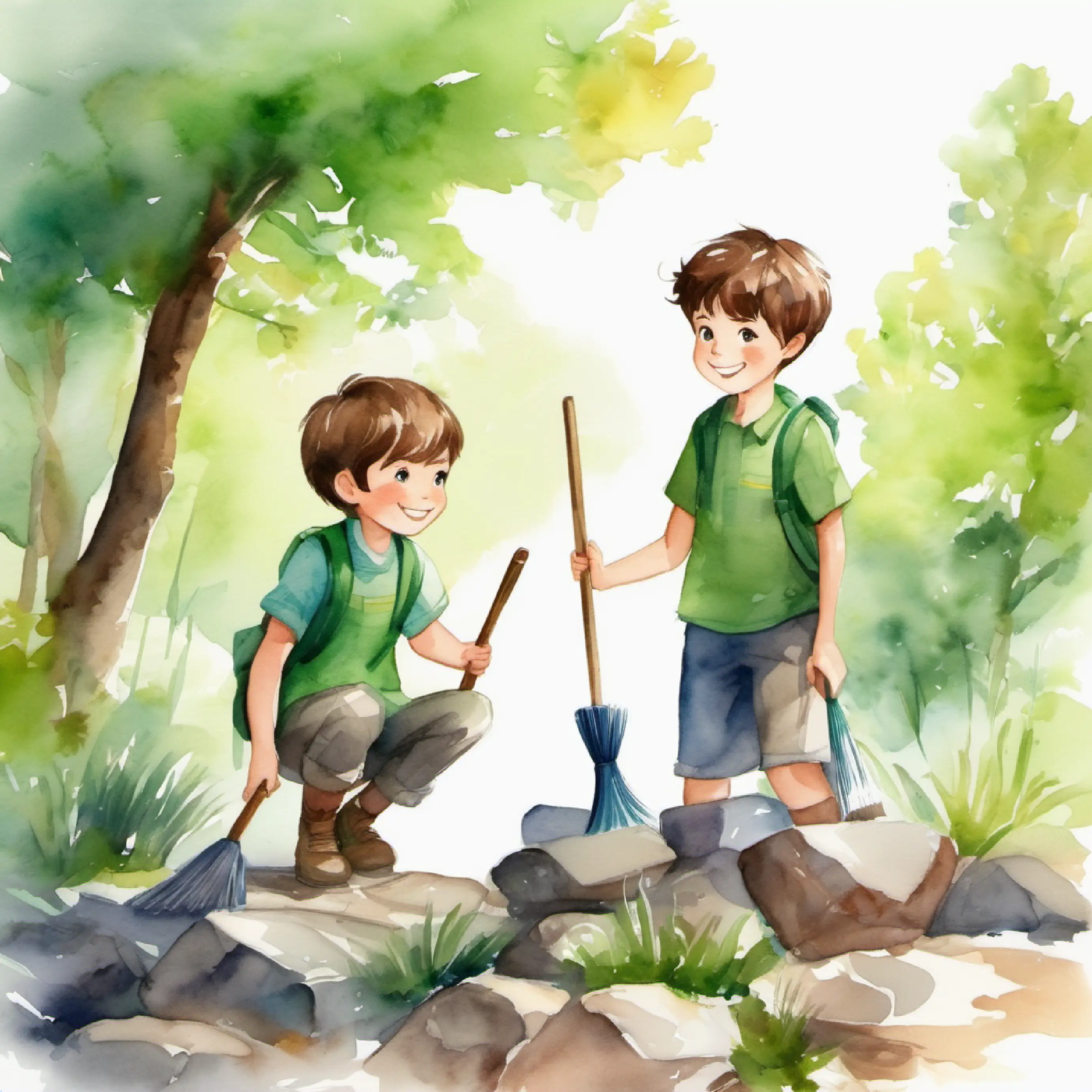 Caring act, Cheerful boy, short brown hair, sparkling green eyes, always smiling cleaning Small, smooth grey rock, always alongside Cheerful boy, short brown hair, sparkling green eyes, always smiling in each adventure, showing responsibility.