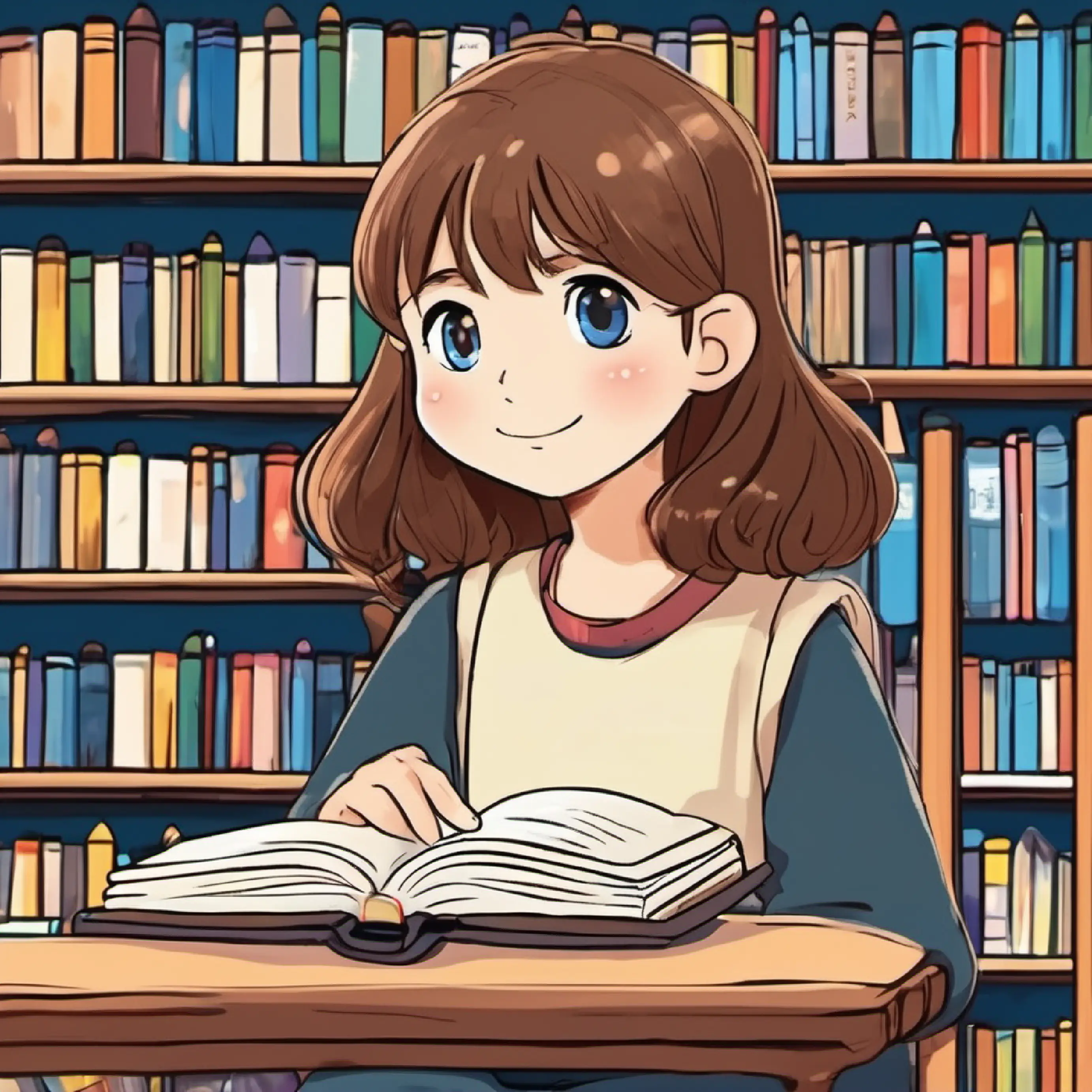 brown hair, blue eyes, always carrying a book at school, enjoys reading, quiet library.