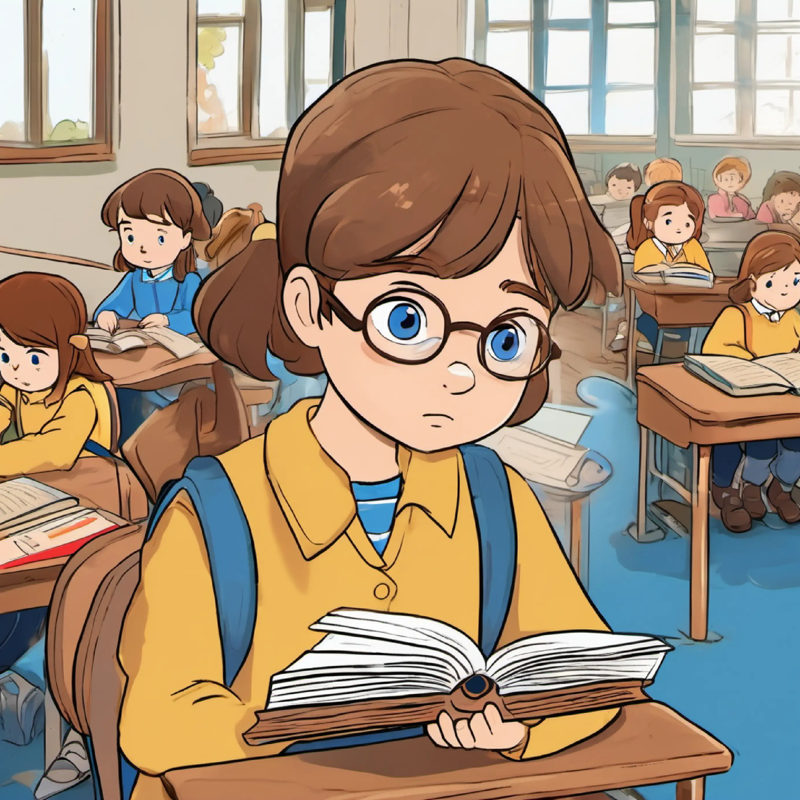 brown hair, blue eyes, always carrying a book facing bullies, feels sad, classroom setting.