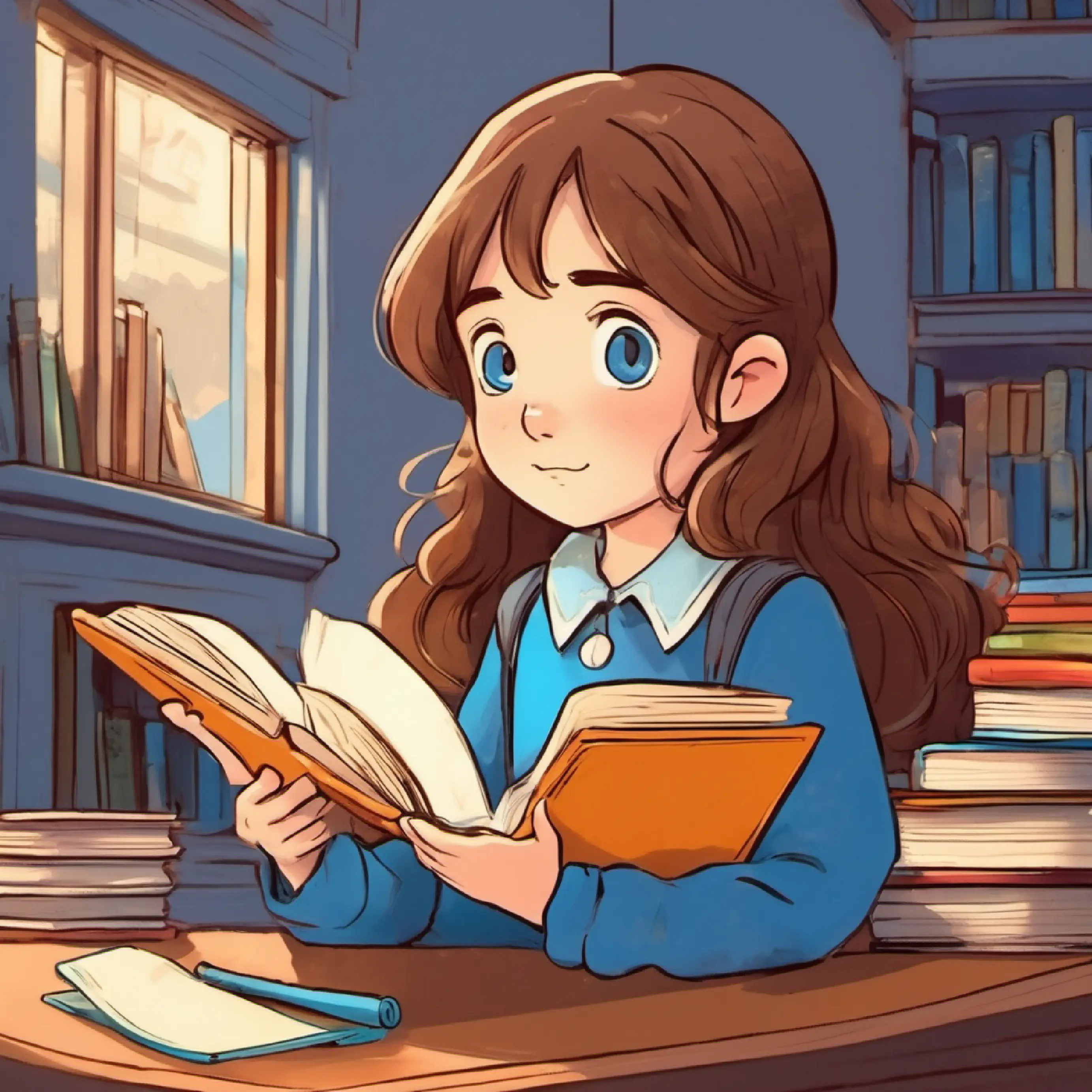 brown hair, blue eyes, always carrying a book determined, dreams to read to class, feeling sad.