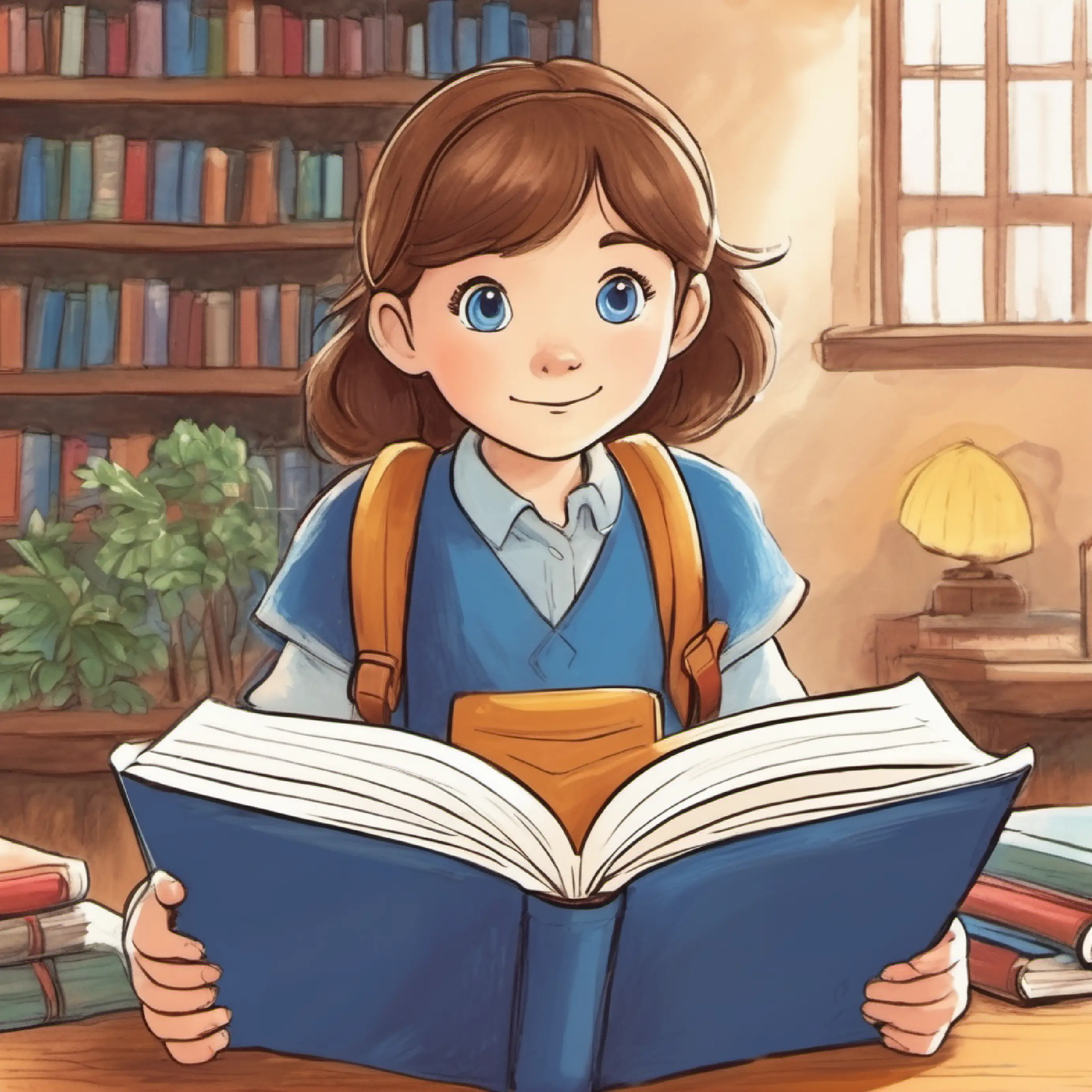 brown hair, blue eyes, always carrying a book practicing reading, determination, improving skills.