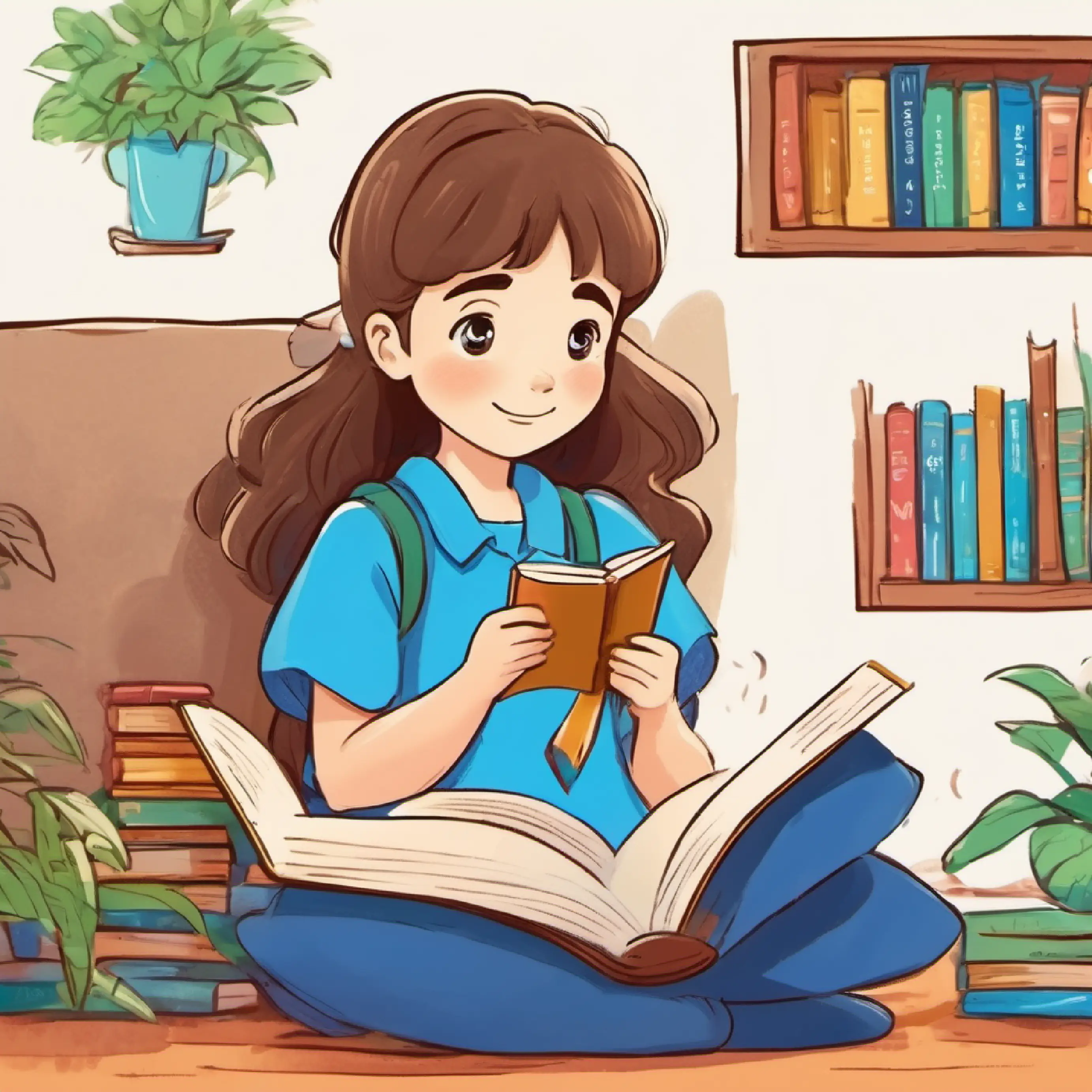 brown hair, blue eyes, always carrying a book reading at home, family support, encouragement.