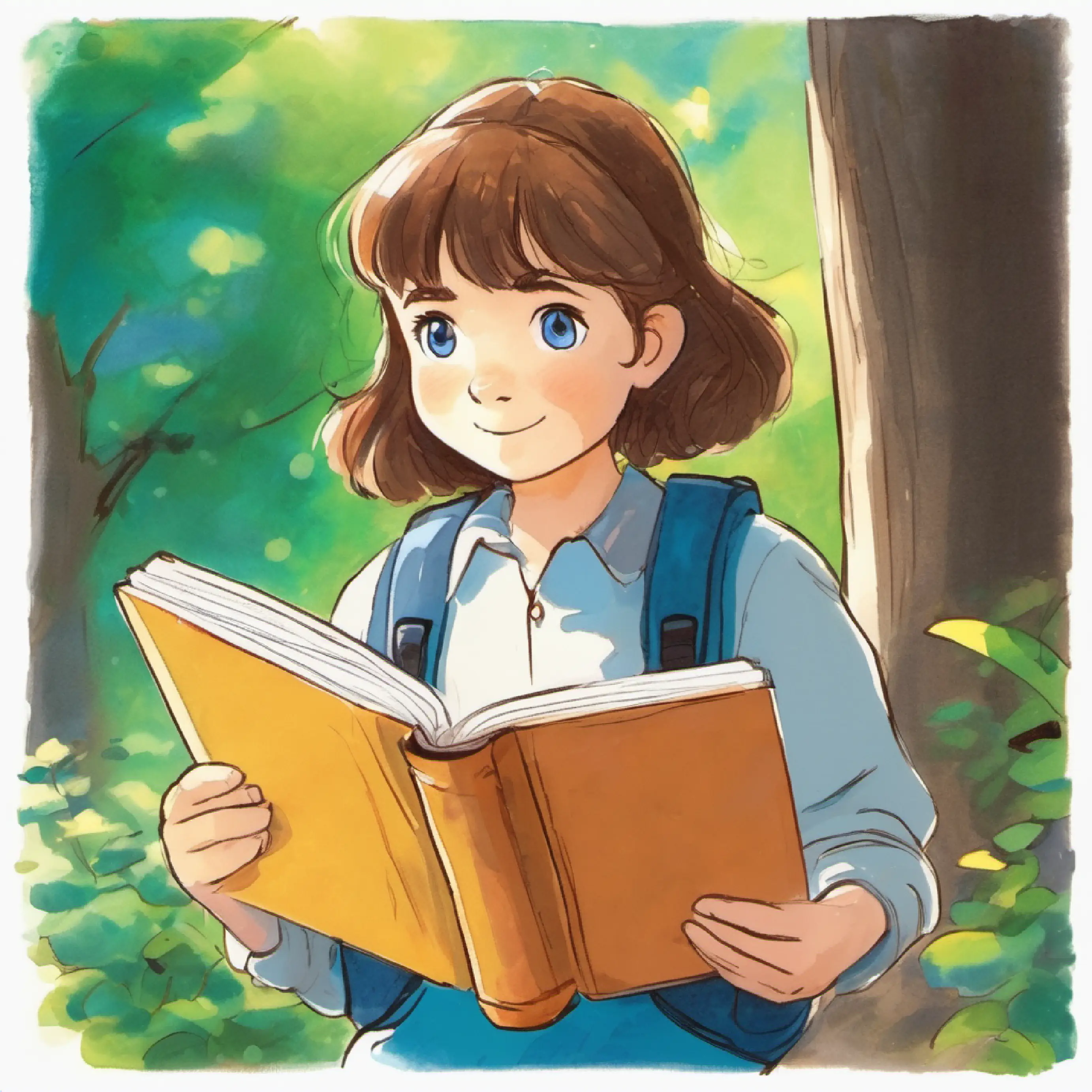 brown hair, blue eyes, always carrying a book reading outside, practicing, using imagination.