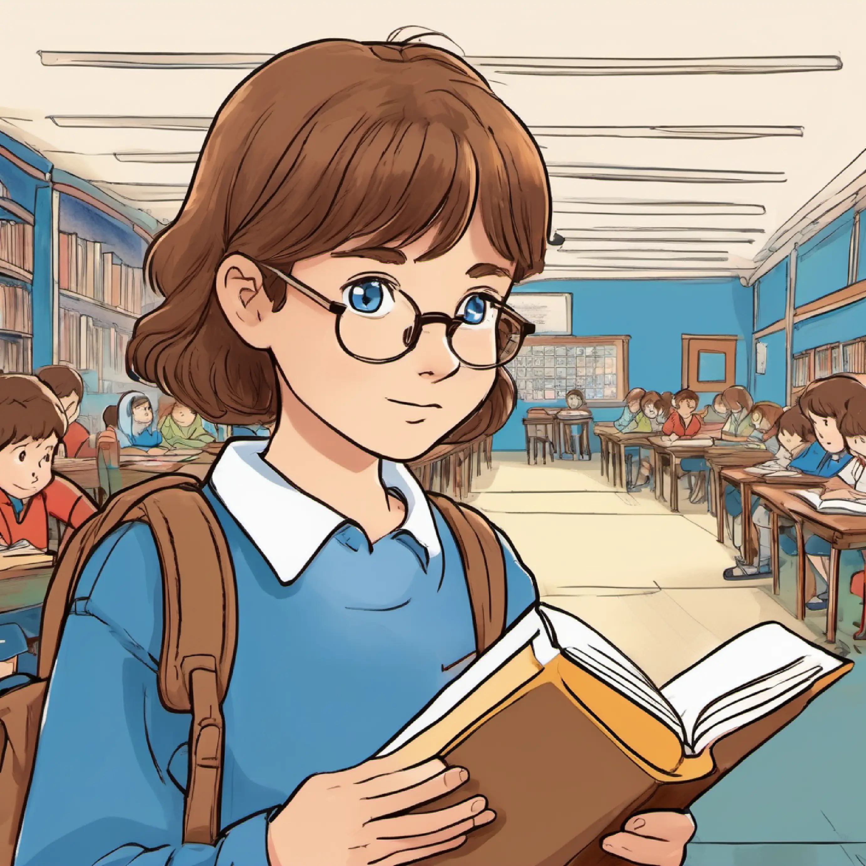 brown hair, blue eyes, always carrying a book facing class, sees bullies, remains focused.