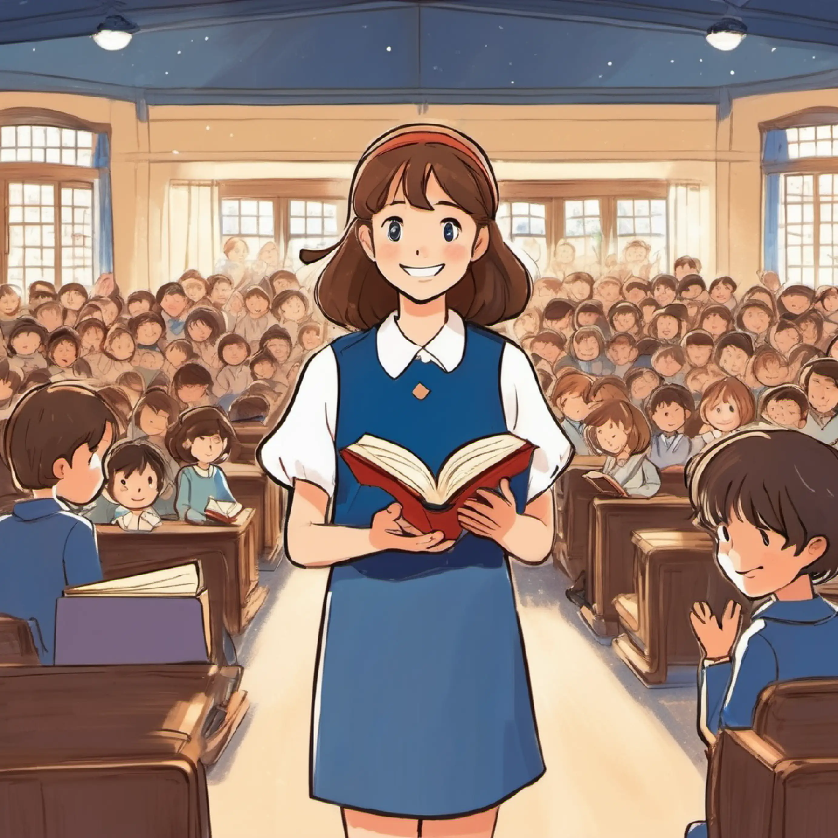 End of reading, class applauds, brown hair, blue eyes, always carrying a book's joy.