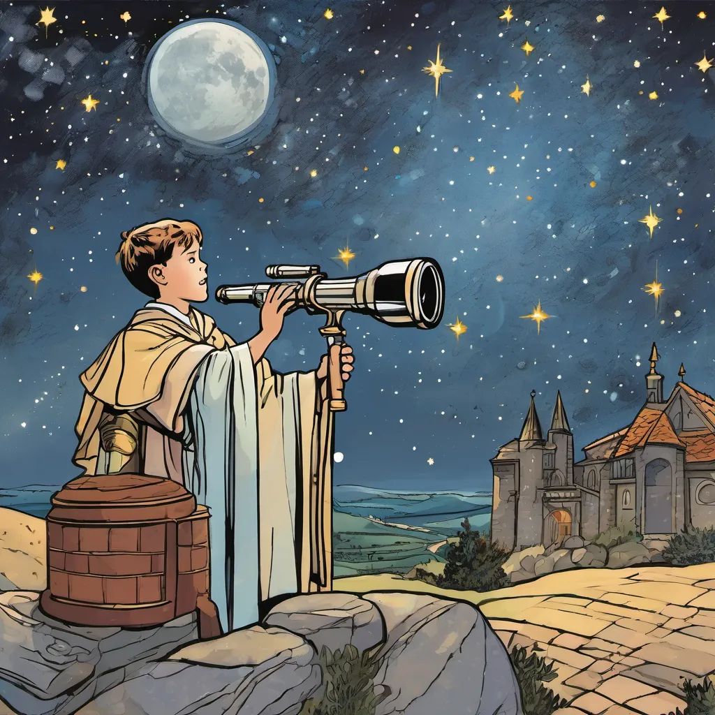 A young boy in a priestly robe holding a telescope, gazing at the starry night sky with excitement.