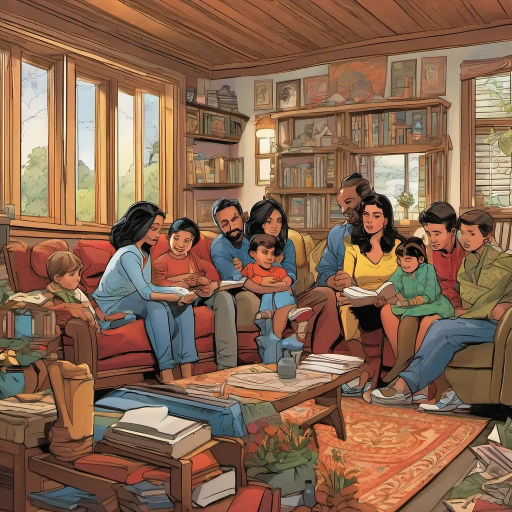 A large family gathered in a cozy home, gradually casting solemn expressions, consoled by their faith.