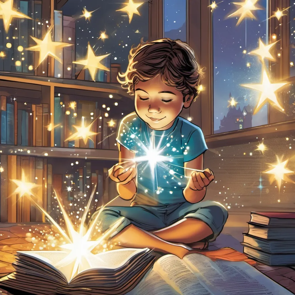 A child reading the story with sparkles and light transforming into a bright star overhead.