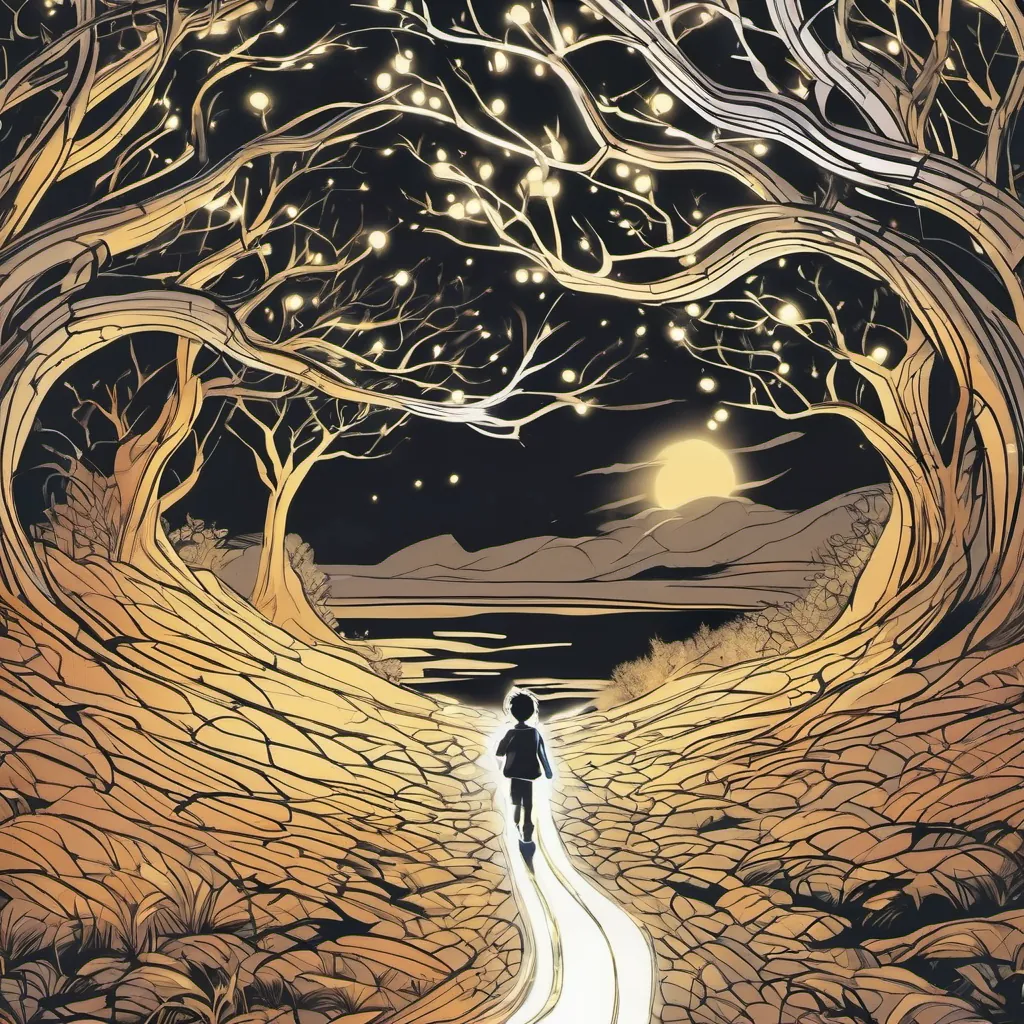 A symbolic scene showing a child imagining their dreams, represented as glowing paths branching out.