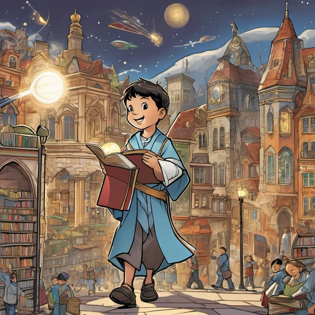 An enthusiastic young A young boy wearing priestly robes, with bright eyes and holding a telescope walking through a bustling town, holding books, and learning from various places.