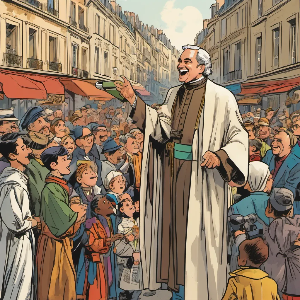 A lively Parisian street scene with A lively man with a jovial expression discussing plans in a vibrant city animatedly speaking to A young boy wearing priestly robes, with bright eyes and holding a telescope amidst a crowd.