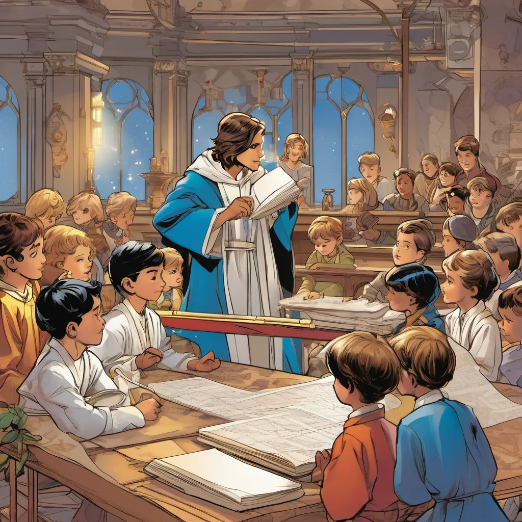 A young boy wearing priestly robes, with bright eyes and holding a telescope and Adrien huddled over a table filled with blueprints, surrounded by children eagerly listening.