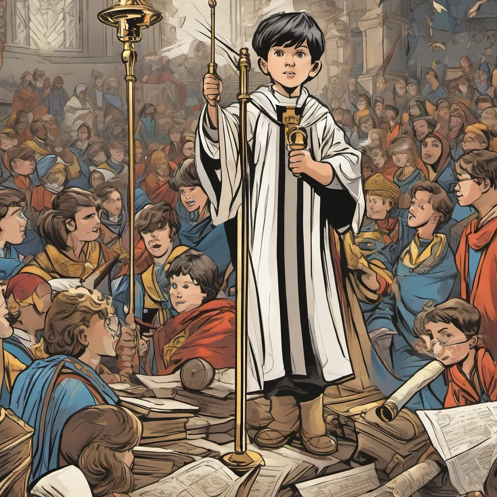 A determined A young boy wearing priestly robes, with bright eyes and holding a telescope standing strong amidst a chaotic scene of opposition from traditional school representatives.