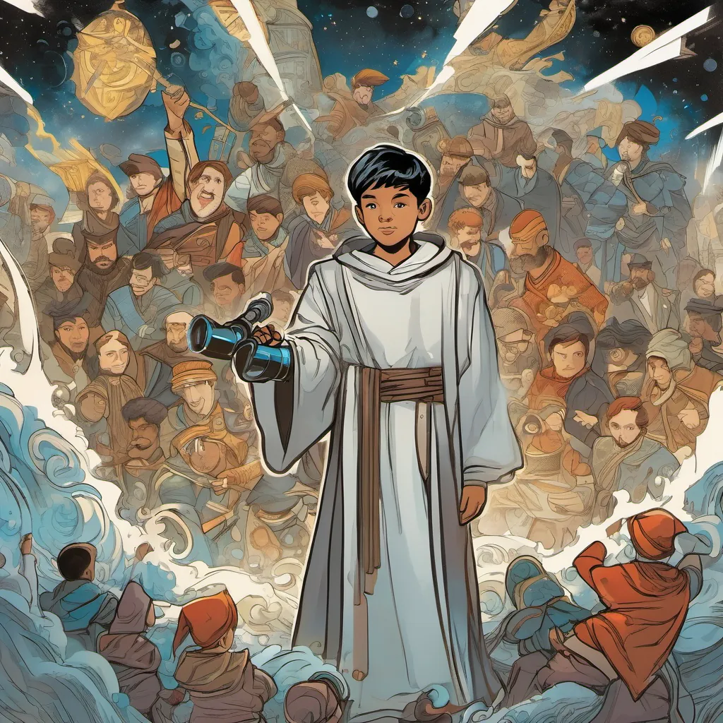 A young boy wearing priestly robes, with bright eyes and holding a telescope and his A group of determined men with humble clothes, united with a strong stance standing united, forming a barrier against swirling chaos depicted through onomatopoeic sounds.