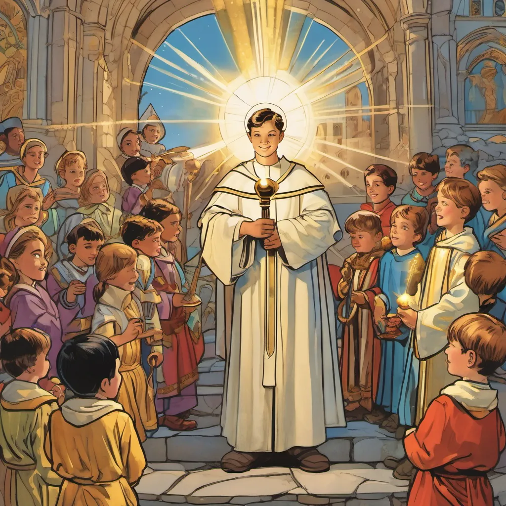 A young boy wearing priestly robes, with bright eyes and holding a telescope depicted as a saintly figure illuminated by a golden light, with happy children learning around him.