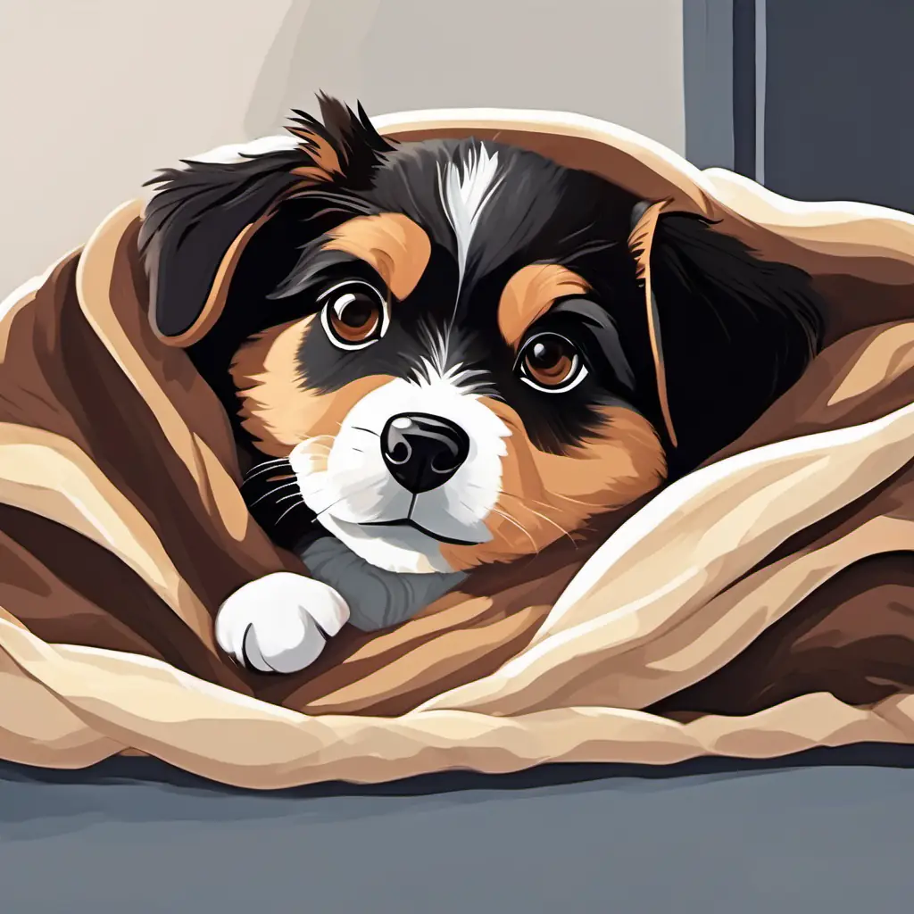 Perry the black and brown fluffy puppy with big brown eyes, is curled up in a cozy blanket, looking sleepy and content.