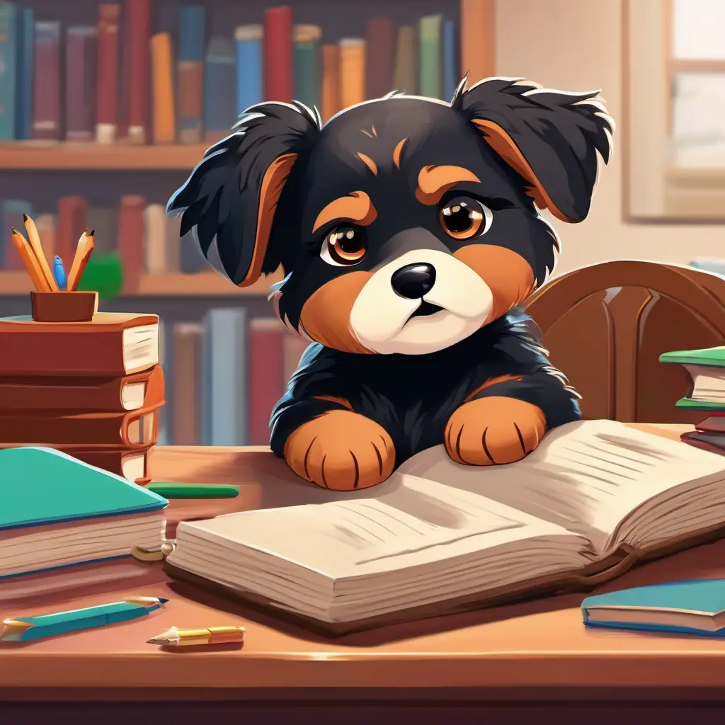 Perry the black and brown fluffy puppy with big brown eyes, is sitting at a desk in a classroom, looking at a book with a frustrated expression.