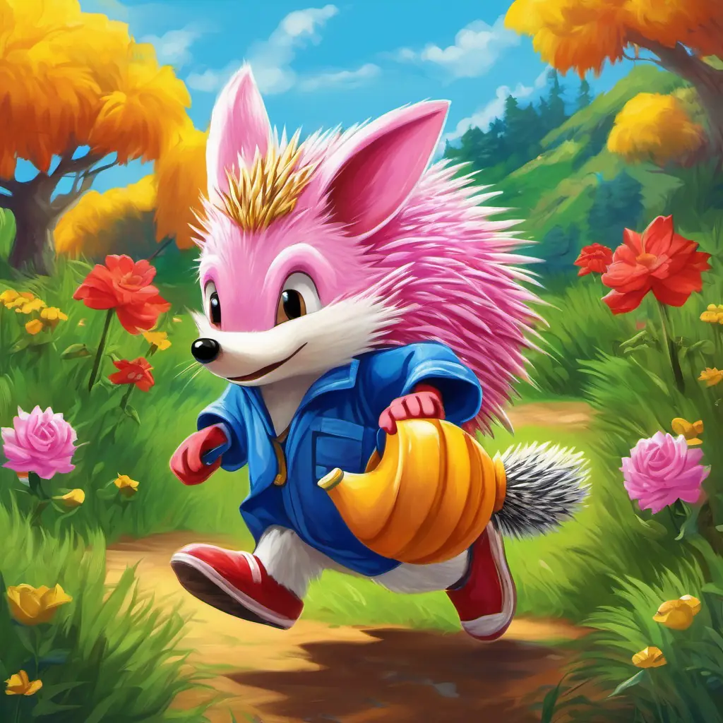 Characters: Blue fur, red shoes, fast hedgehog the Hedgehog - blue fur, red shoes; Yellow fur, two tails for flying, clever fox the Fox - yellow fur; Red fur, yellow dreadlocks, strong echidna the Echidna - red fur, yellow dreadlocks; Pink hedgehog, always carrying a big hammer Rose - pink hedgehog; White fur, pink bow, cute little rabbit the Rabbit - white fur, pink bow; Location: Green Hill Zone - luscious green grass, vibrant flowers