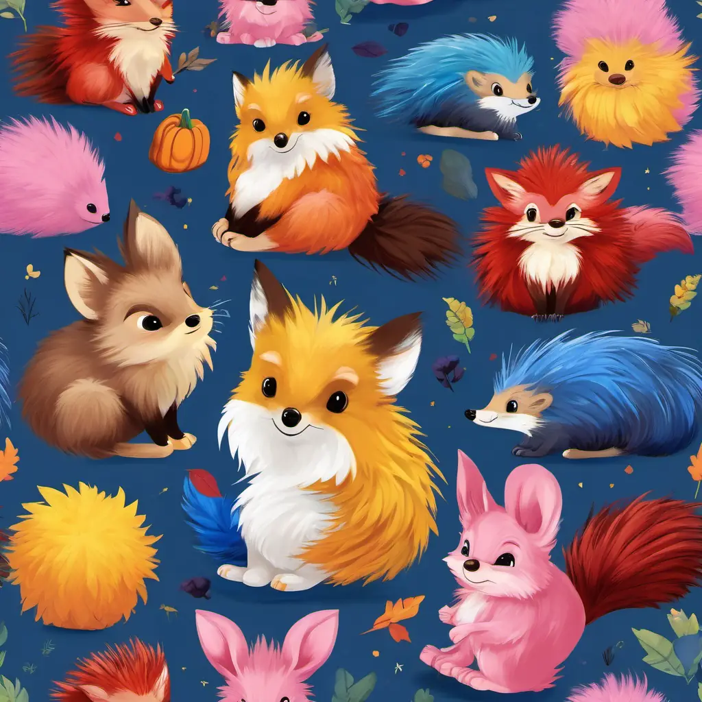 Characters: Blue fur, red shoes, fast hedgehog, Yellow fur, two tails for flying, clever fox, Red fur, yellow dreadlocks, strong echidna, Pink hedgehog, always carrying a big hammer, and White fur, pink bow, cute little rabbit; Visual: Blue fur, red shoes, fast hedgehog and friends sitting together, content and happy